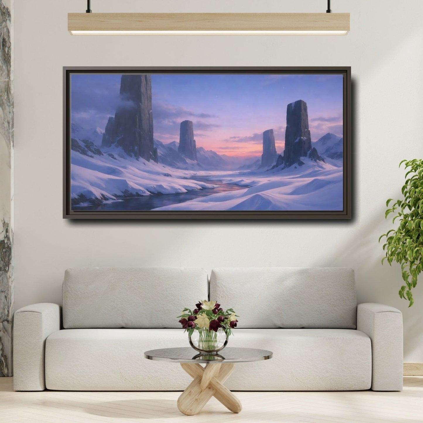 Landscape Nature Snow Mountains Blue Pink - Framed Canvas Wall Art Print - YesArtYes