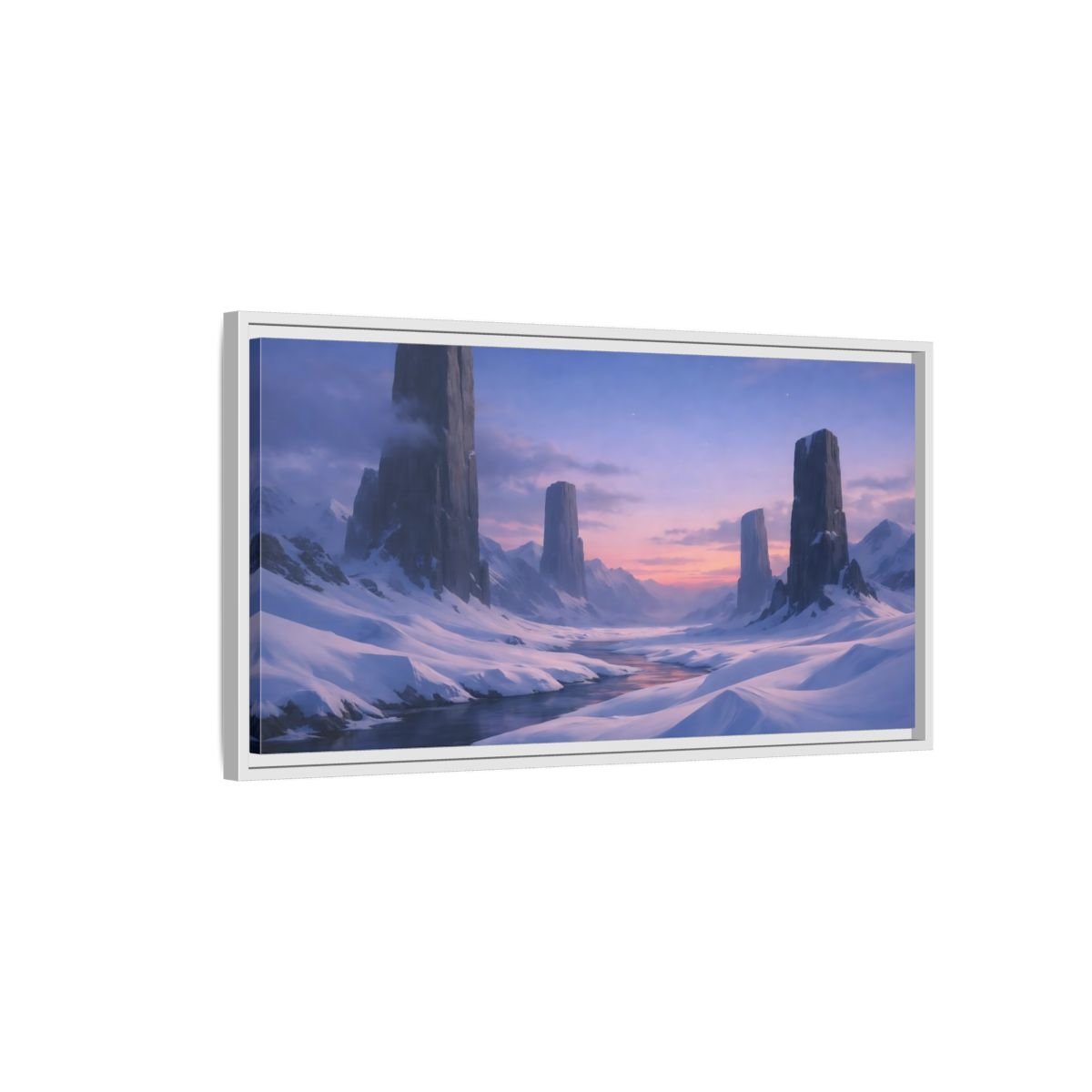 Landscape Nature Snow Mountains Blue Pink - Framed Canvas Wall Art Print - YesArtYes