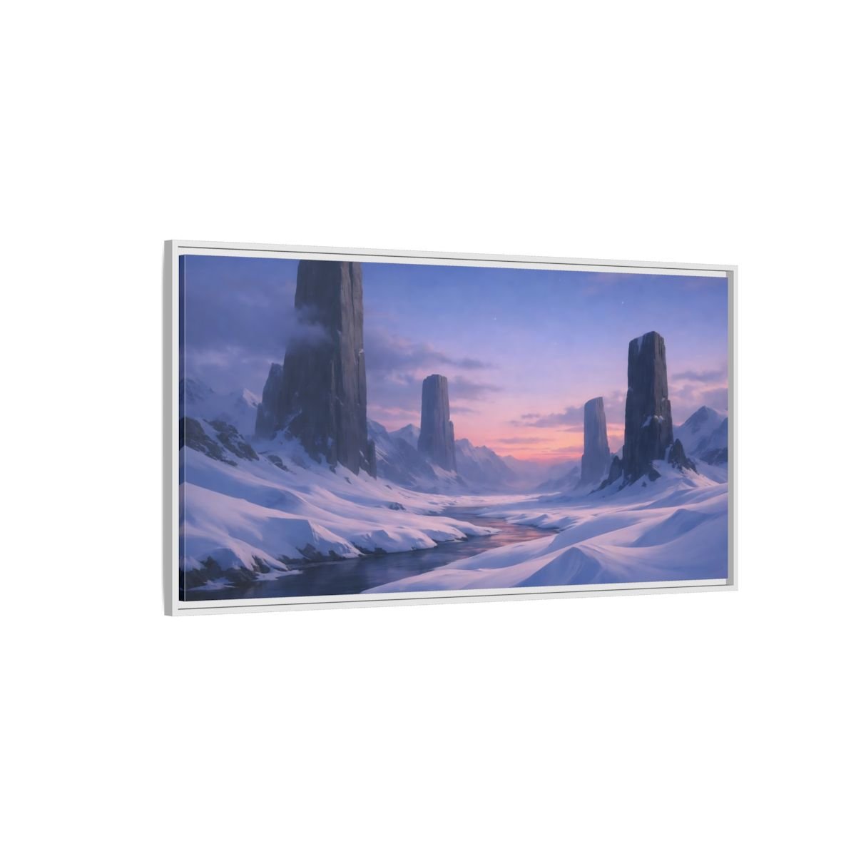 Landscape Nature Snow Mountains Blue Pink - Framed Canvas Wall Art Print - YesArtYes