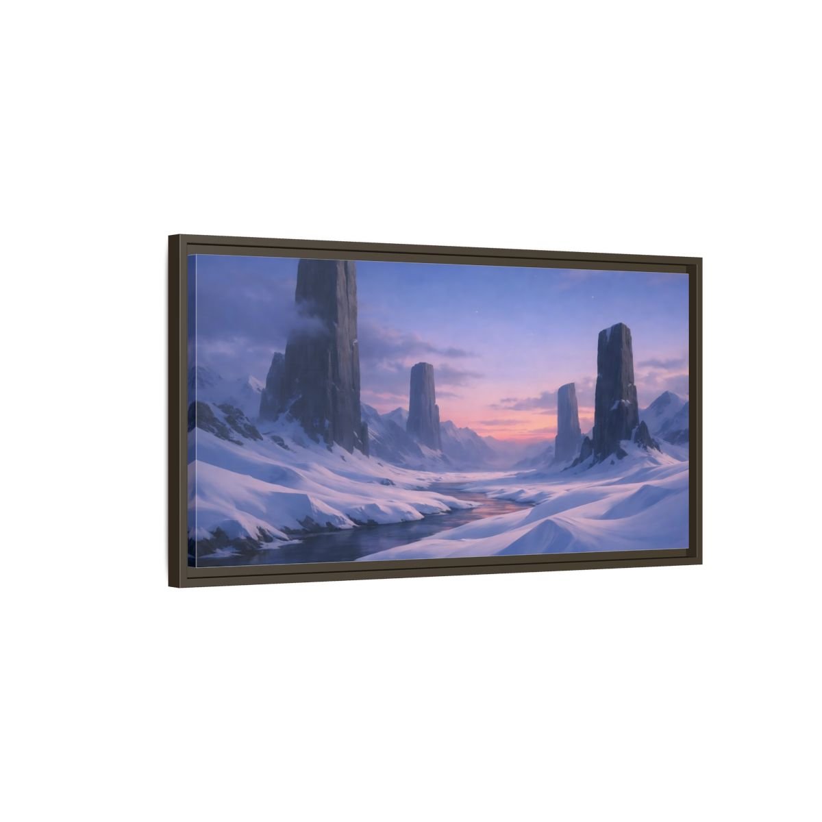 Landscape Nature Snow Mountains Blue Pink - Framed Canvas Wall Art Print - YesArtYes