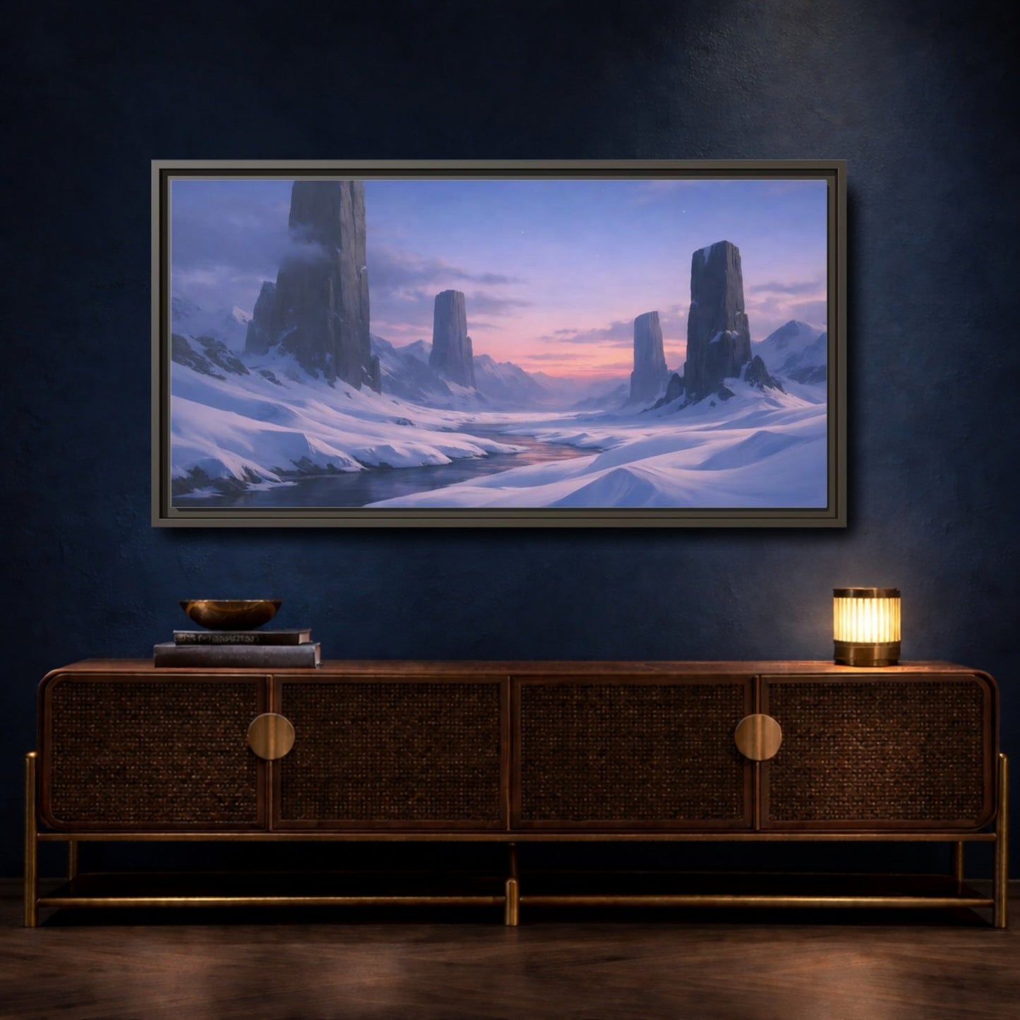 Landscape Nature Snow Mountains Blue Pink - Framed Canvas Wall Art Print - YesArtYes