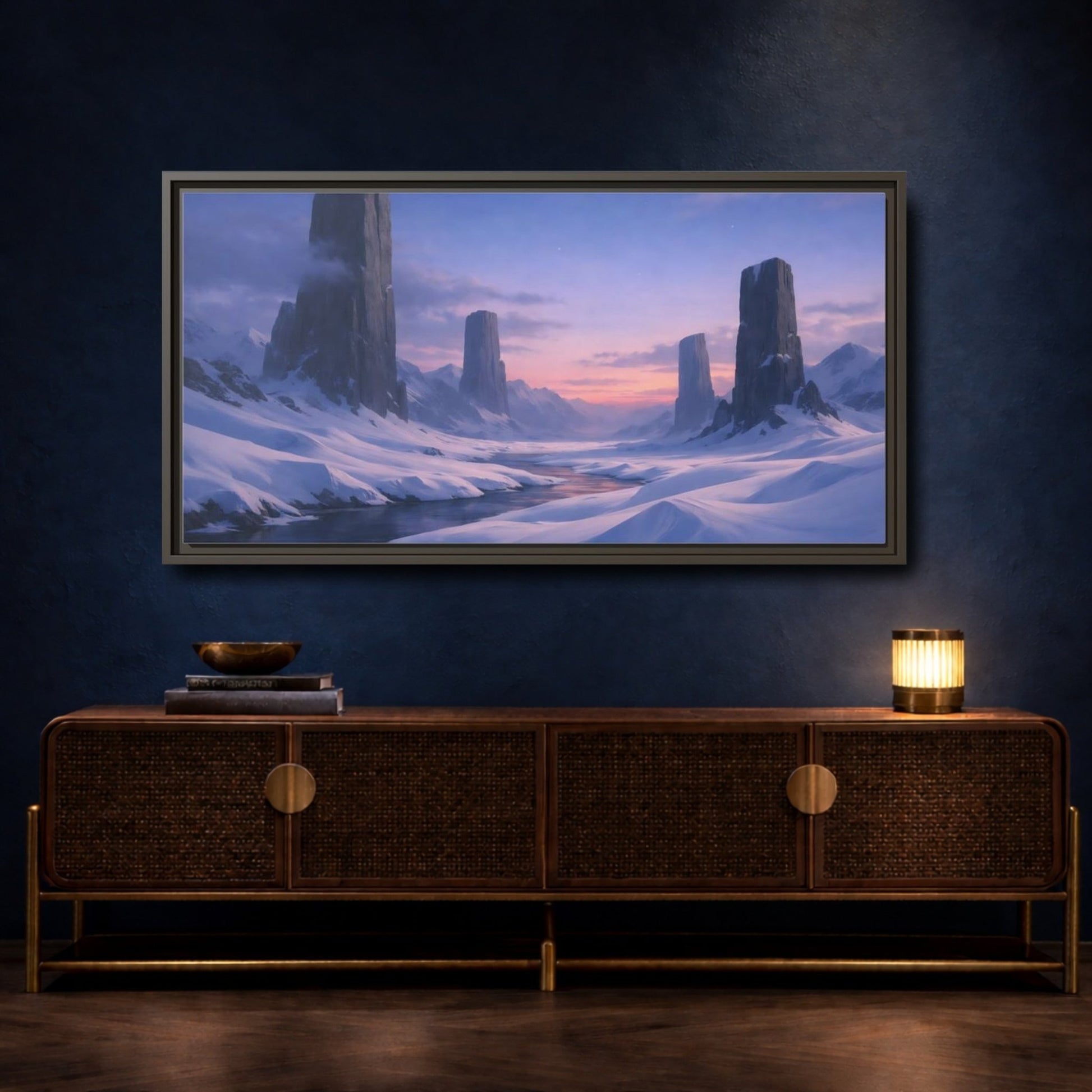 Landscape Nature Snow Mountains Blue Pink - Framed Canvas Wall Art Print - YesArtYes
