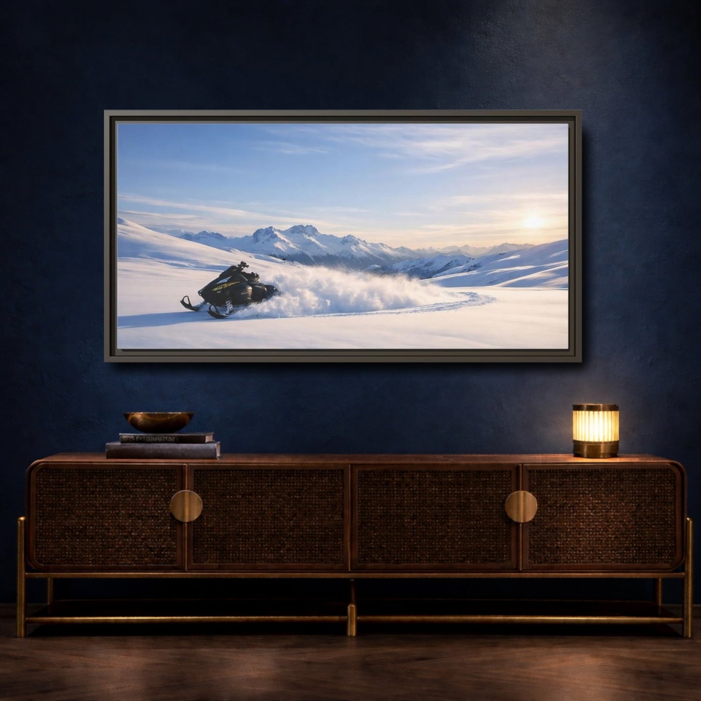 Landscape Nature Snowmobile Winter Mountain - Framed Canvas Wall Art Print - YesArtYes