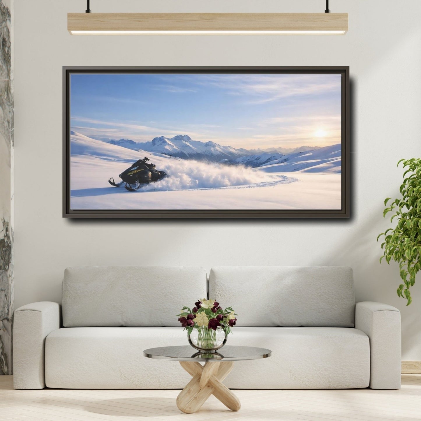 Landscape Nature Snowmobile Winter Mountain - Framed Canvas Wall Art Print - YesArtYes