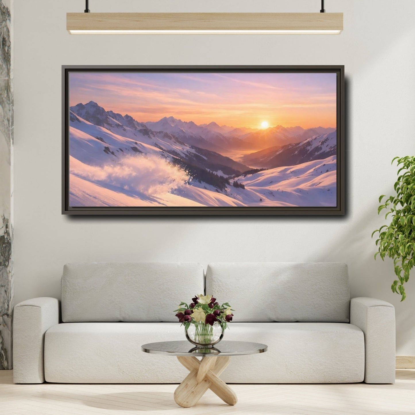 Landscape Nature Snowy Mountains Sunset - Framed Canvas Wall Art Print - YesArtYes