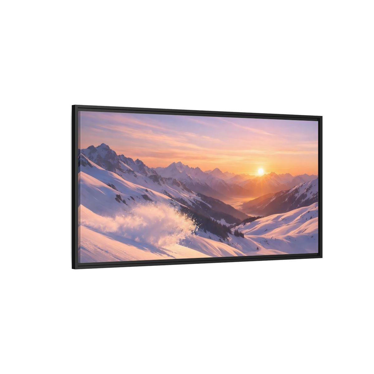Landscape Nature Snowy Mountains Sunset - Framed Canvas Wall Art Print - YesArtYes