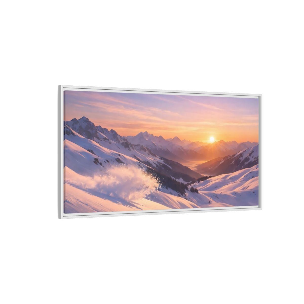 Landscape Nature Snowy Mountains Sunset - Framed Canvas Wall Art Print - YesArtYes