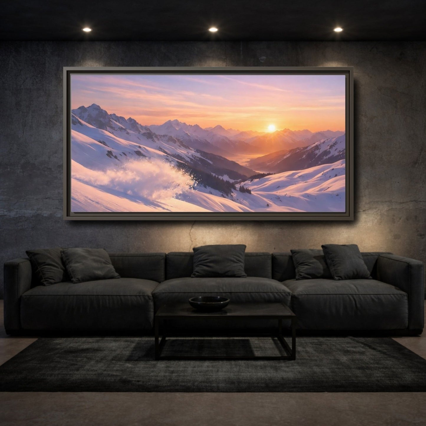 Landscape Nature Snowy Mountains Sunset - Framed Canvas Wall Art Print - YesArtYes