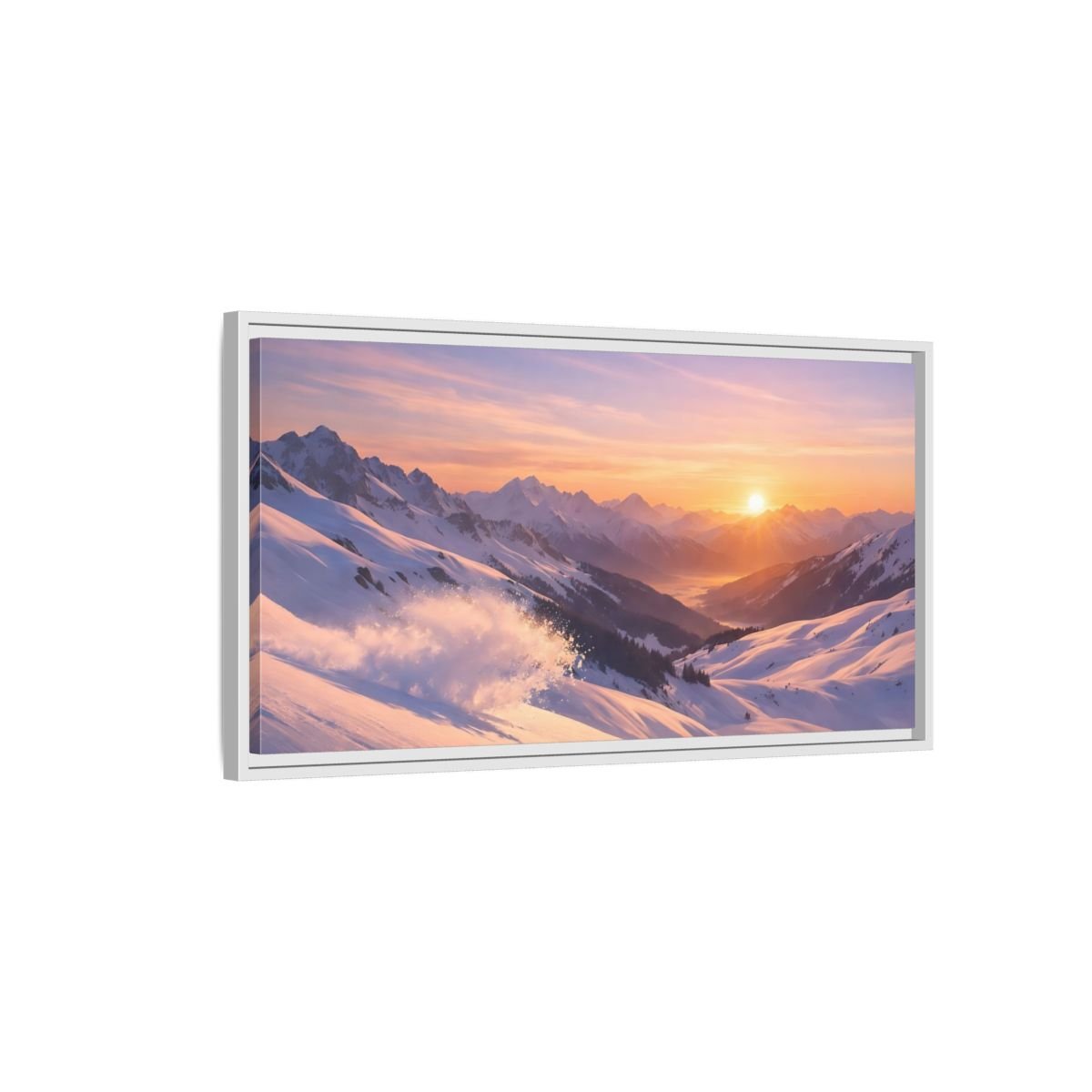 Landscape Nature Snowy Mountains Sunset - Framed Canvas Wall Art Print - YesArtYes