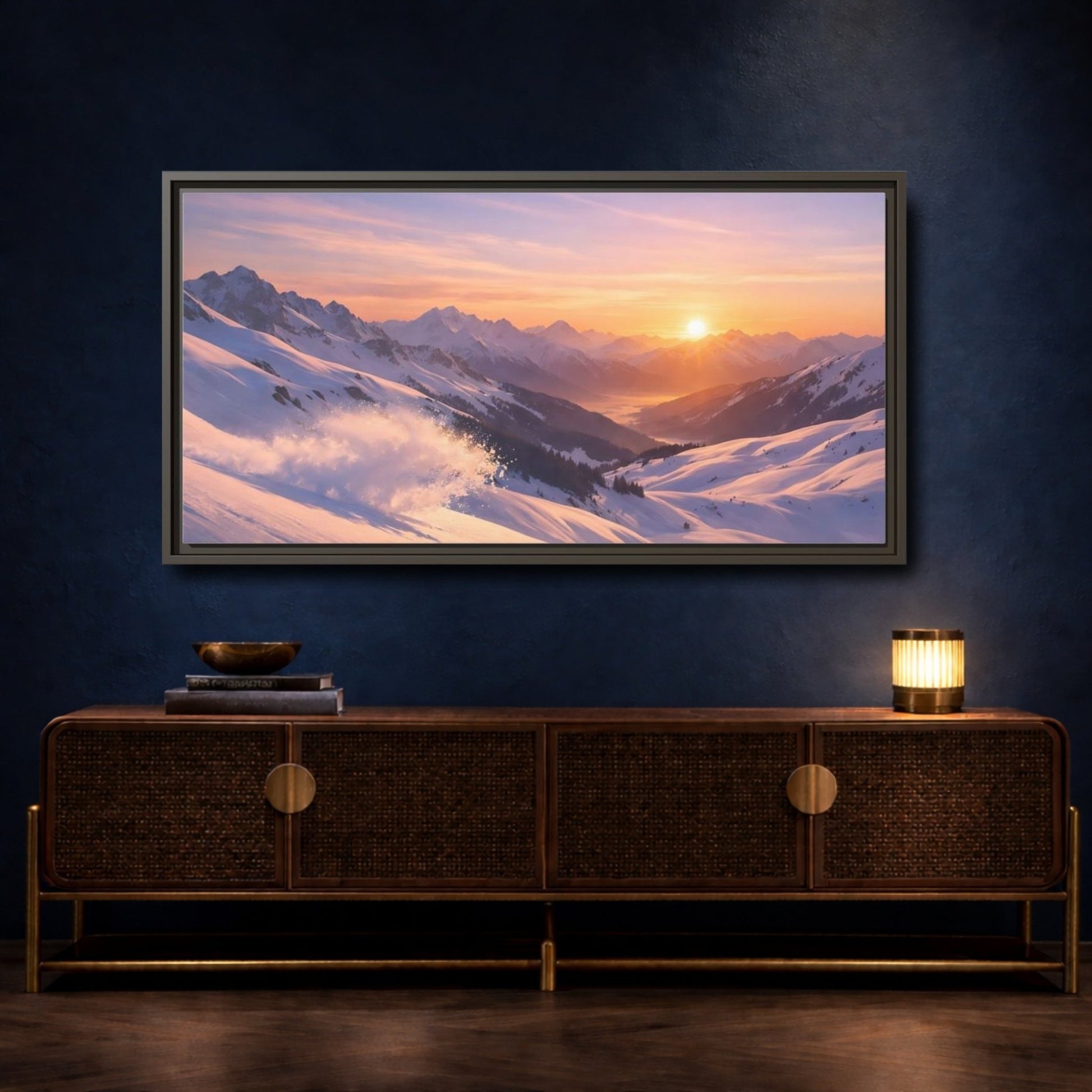 Landscape Nature Snowy Mountains Sunset - Framed Canvas Wall Art Print - YesArtYes