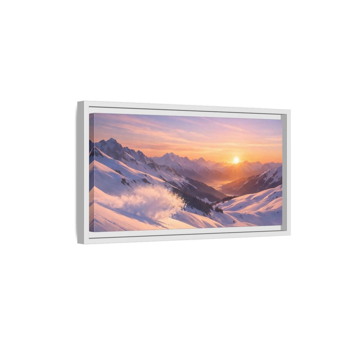Landscape Nature Snowy Mountains Sunset - Framed Canvas Wall Art Print - YesArtYes