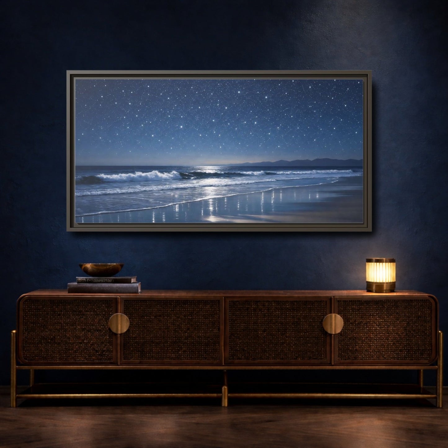 Landscape Nature Starry Beach Blue Night - Framed Canvas Wall Art Print - YesArtYes