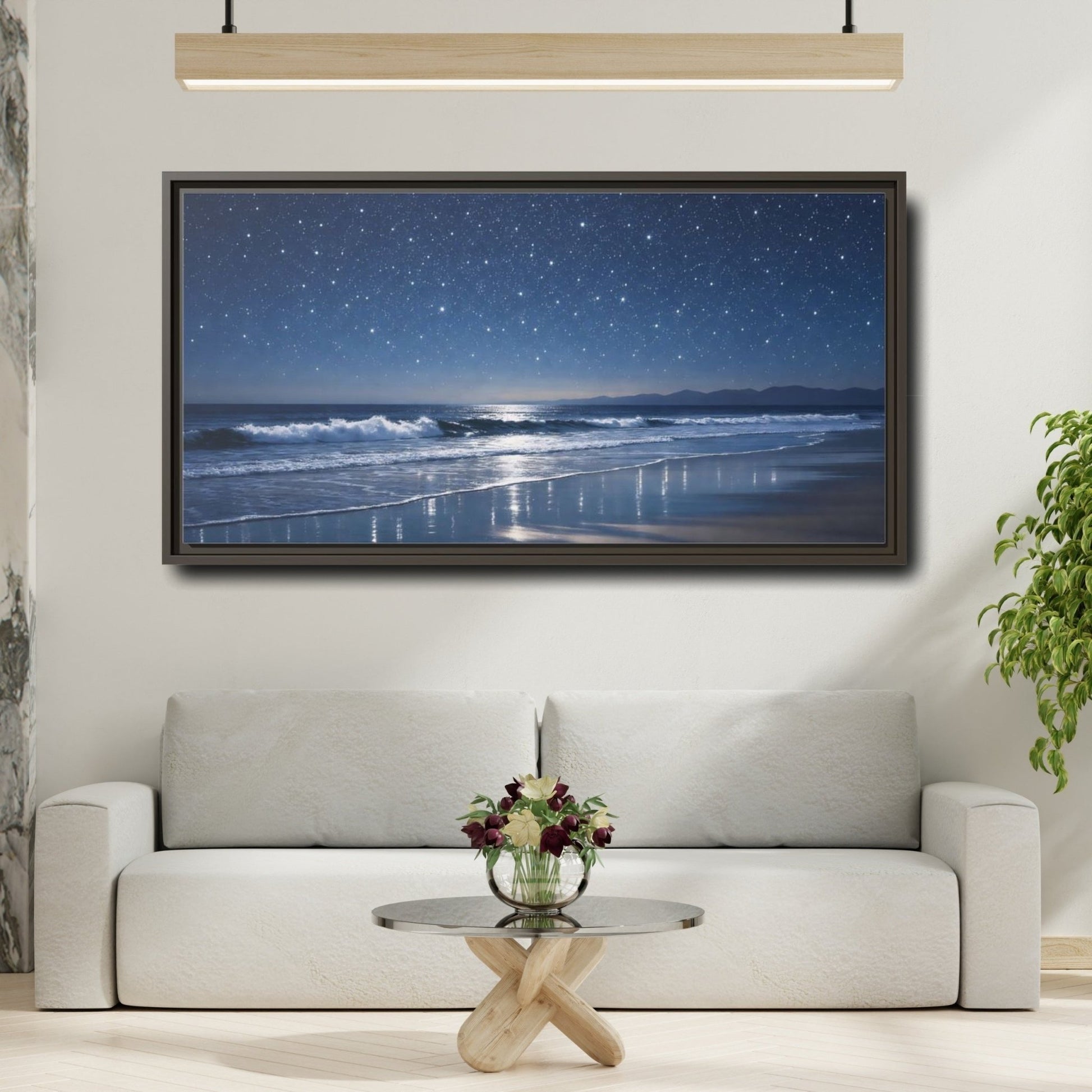 Landscape Nature Starry Beach Blue Night - Framed Canvas Wall Art Print - YesArtYes
