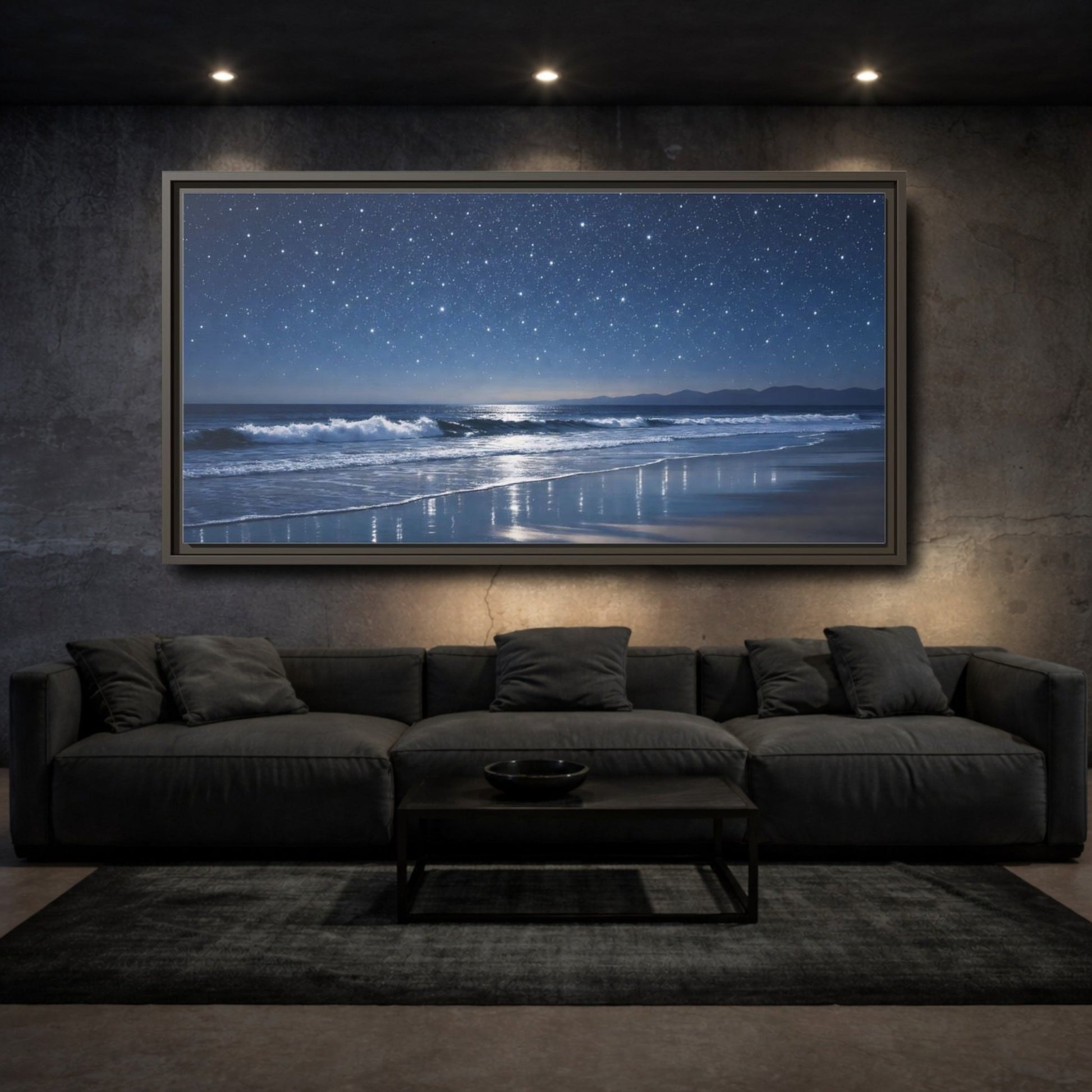Landscape Nature Starry Beach Blue Night - Framed Canvas Wall Art Print - YesArtYes