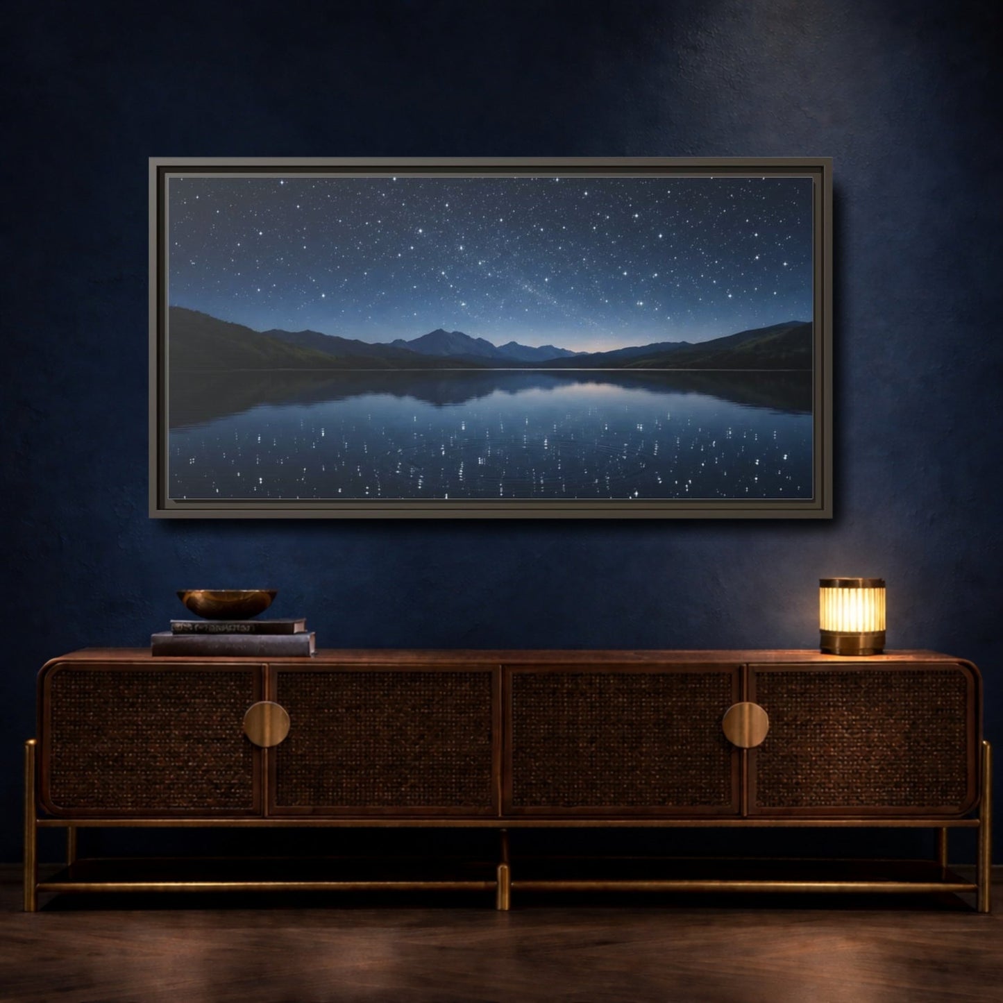 Landscape Nature Starry Night Deep Blue - Framed Canvas Wall Art Print - YesArtYes