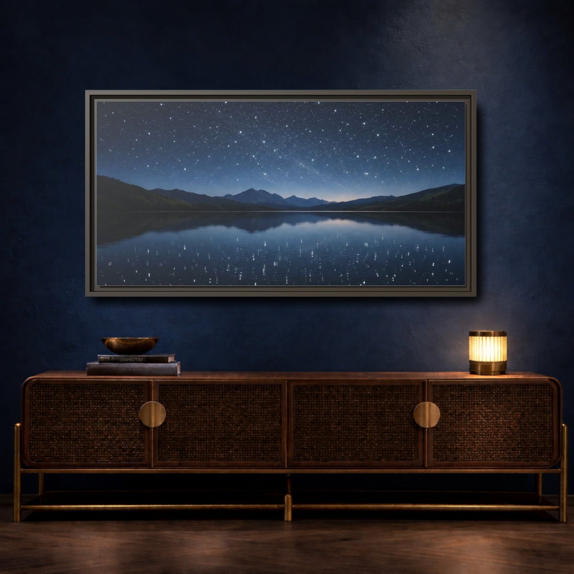 Landscape Nature Starry Night Deep Blue - Framed Canvas Wall Art Print - YesArtYes