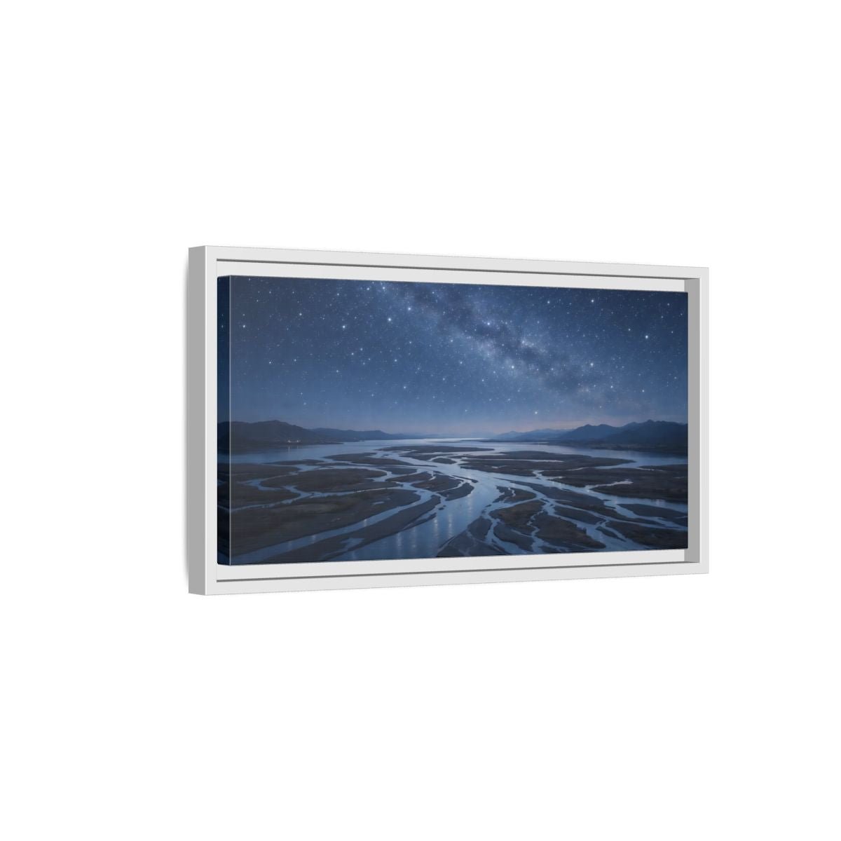 Landscape Nature Starry River Blue Night - Framed Canvas Wall Art Print - YesArtYes