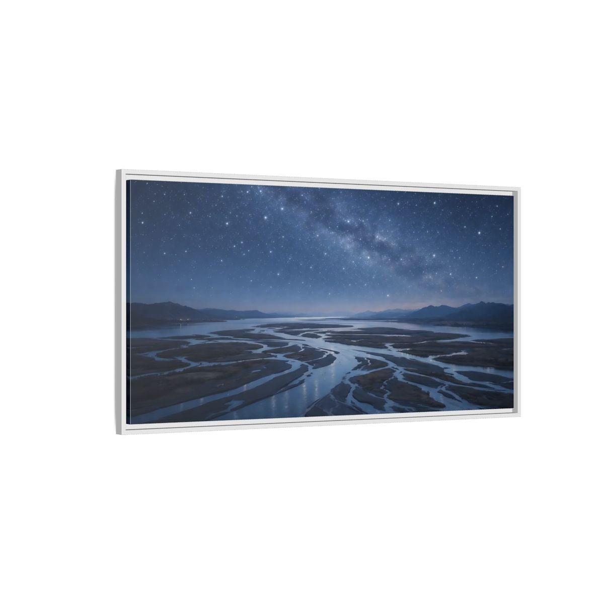 Landscape Nature Starry River Blue Night - Framed Canvas Wall Art Print - YesArtYes