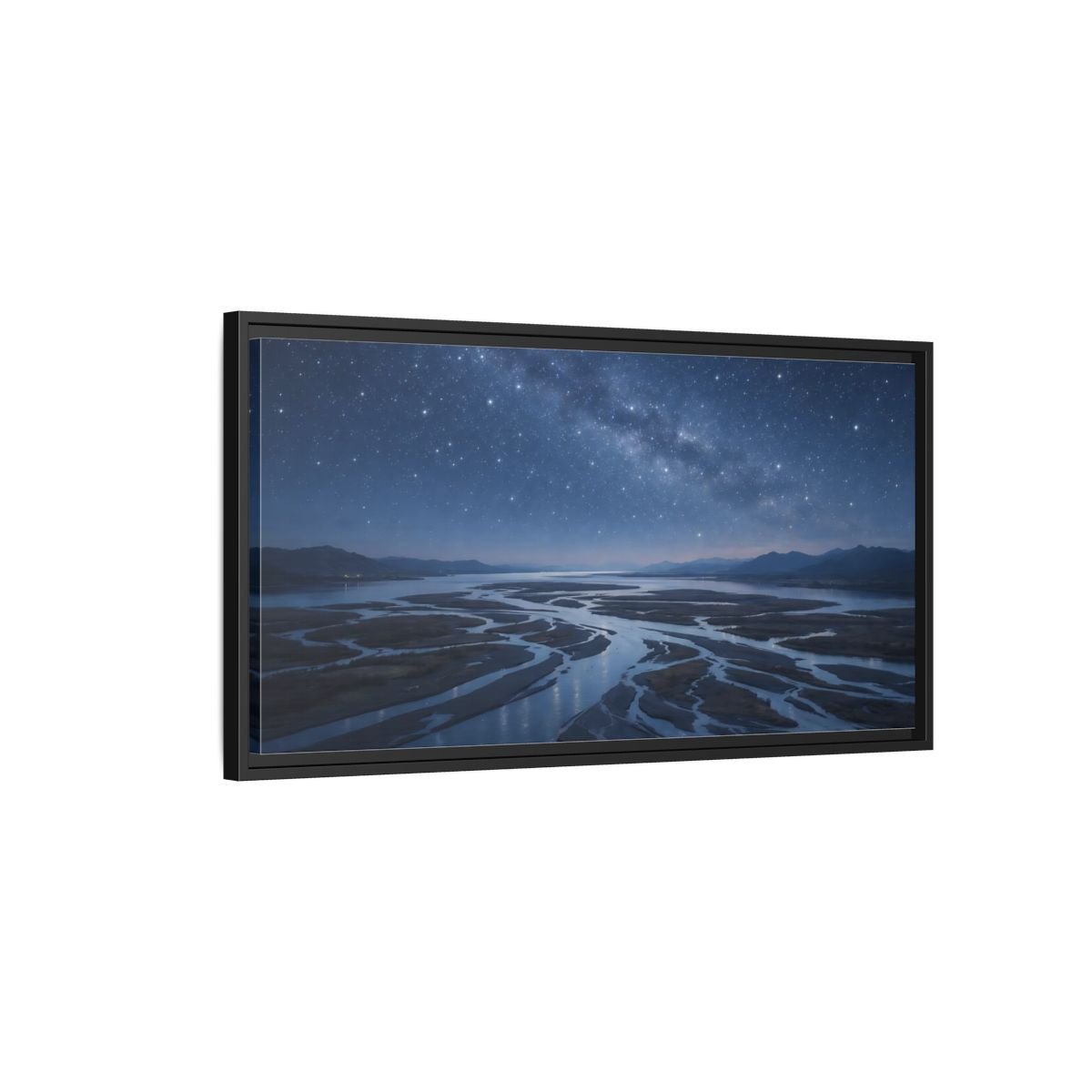 Landscape Nature Starry River Blue Night - Framed Canvas Wall Art Print - YesArtYes