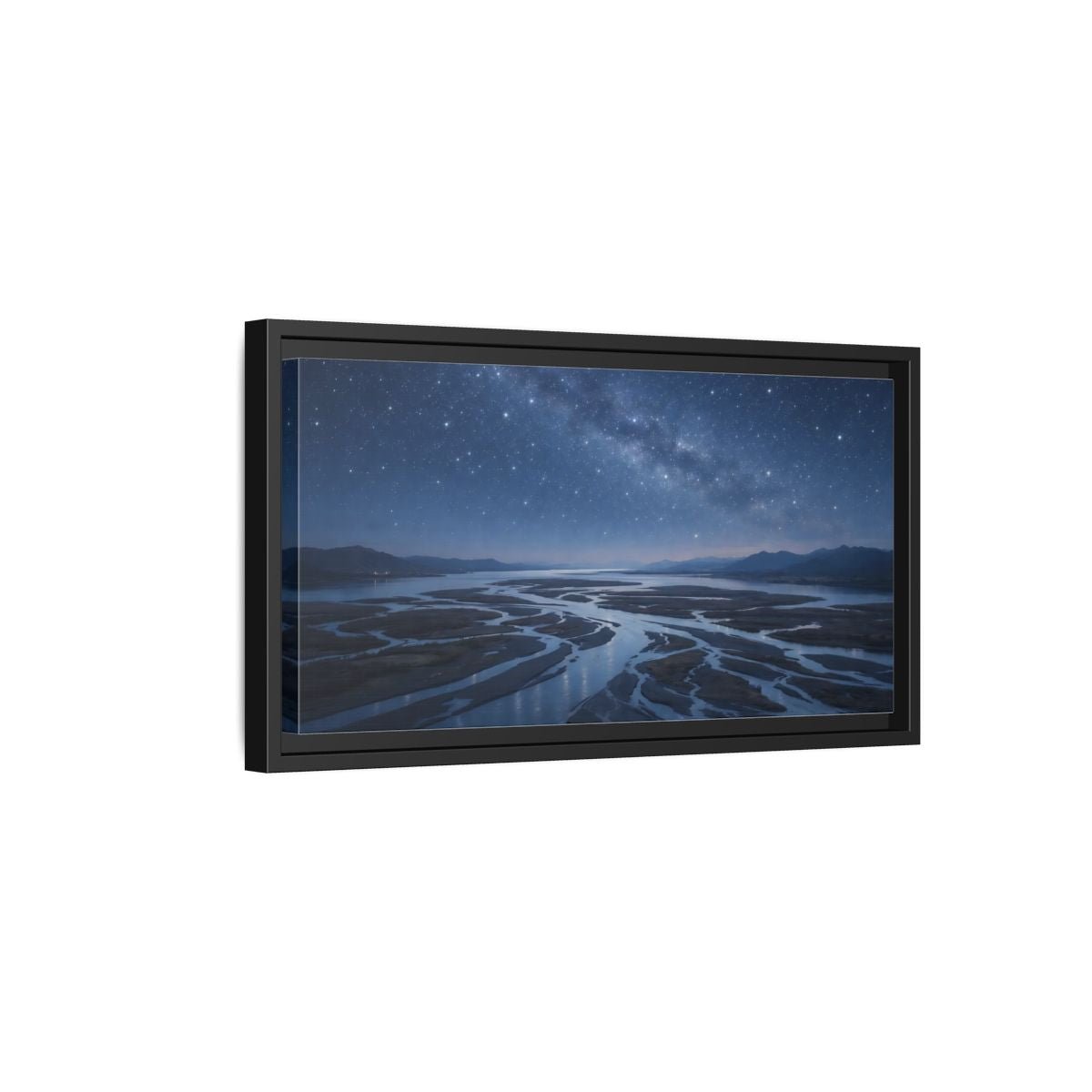 Landscape Nature Starry River Blue Night - Framed Canvas Wall Art Print - YesArtYes