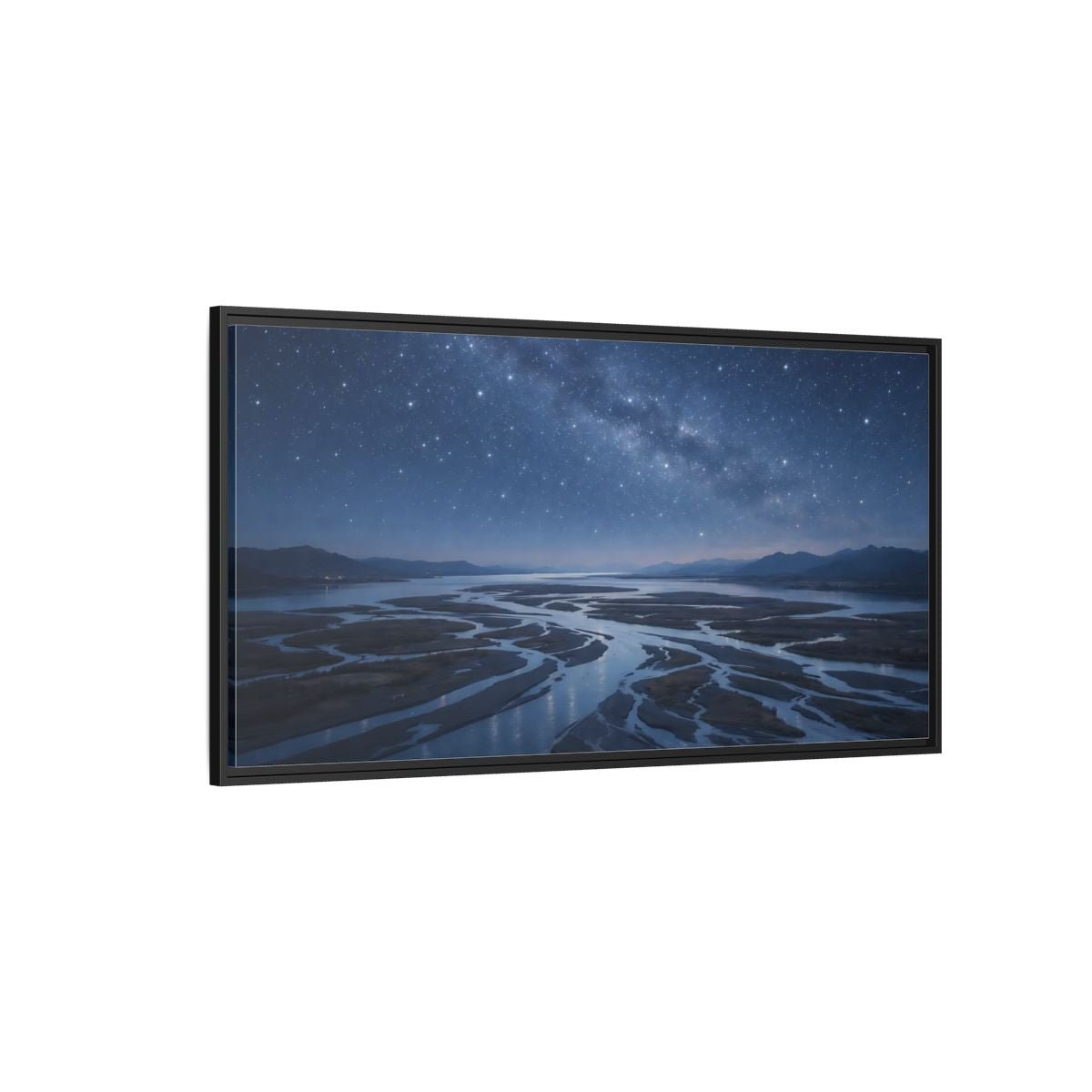 Landscape Nature Starry River Blue Night - Framed Canvas Wall Art Print - YesArtYes