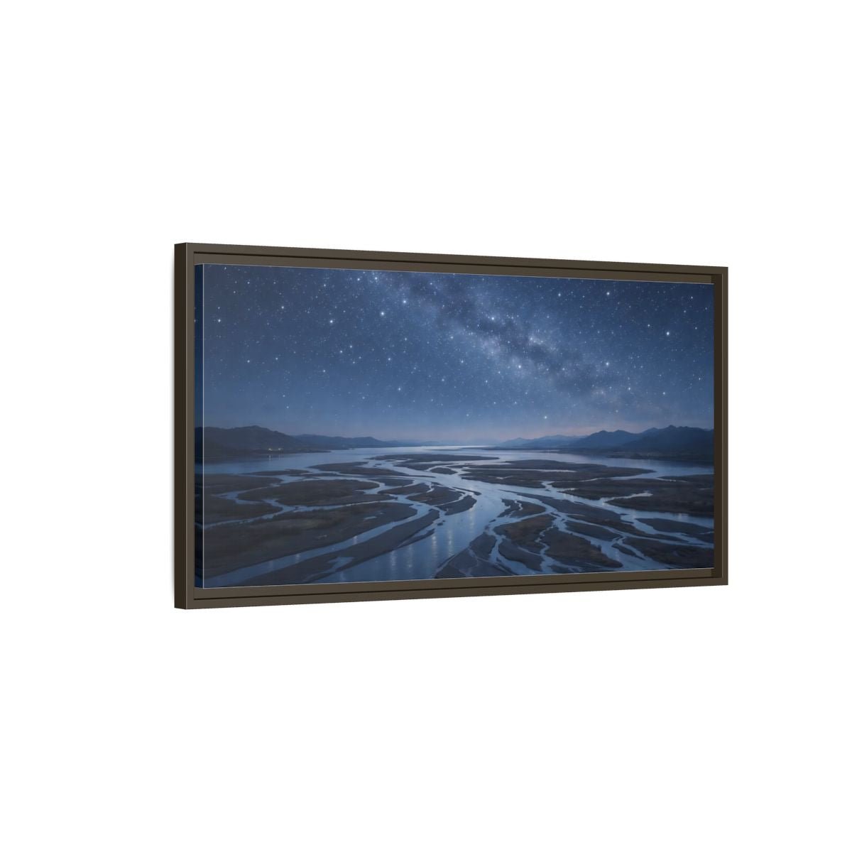Landscape Nature Starry River Blue Night - Framed Canvas Wall Art Print - YesArtYes