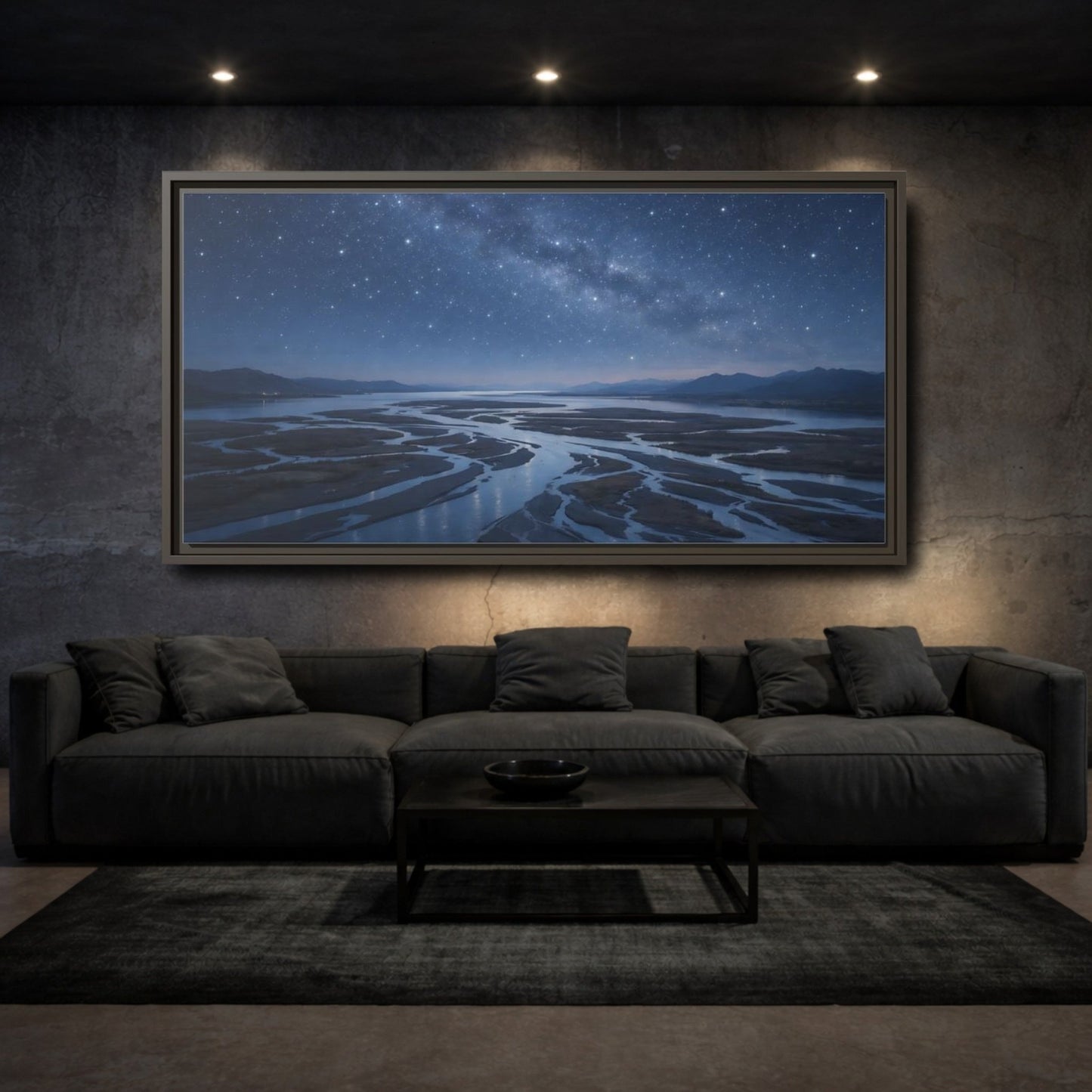 Landscape Nature Starry River Blue Night - Framed Canvas Wall Art Print - YesArtYes