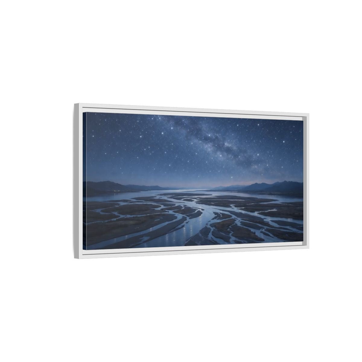 Landscape Nature Starry River Blue Night - Framed Canvas Wall Art Print - YesArtYes