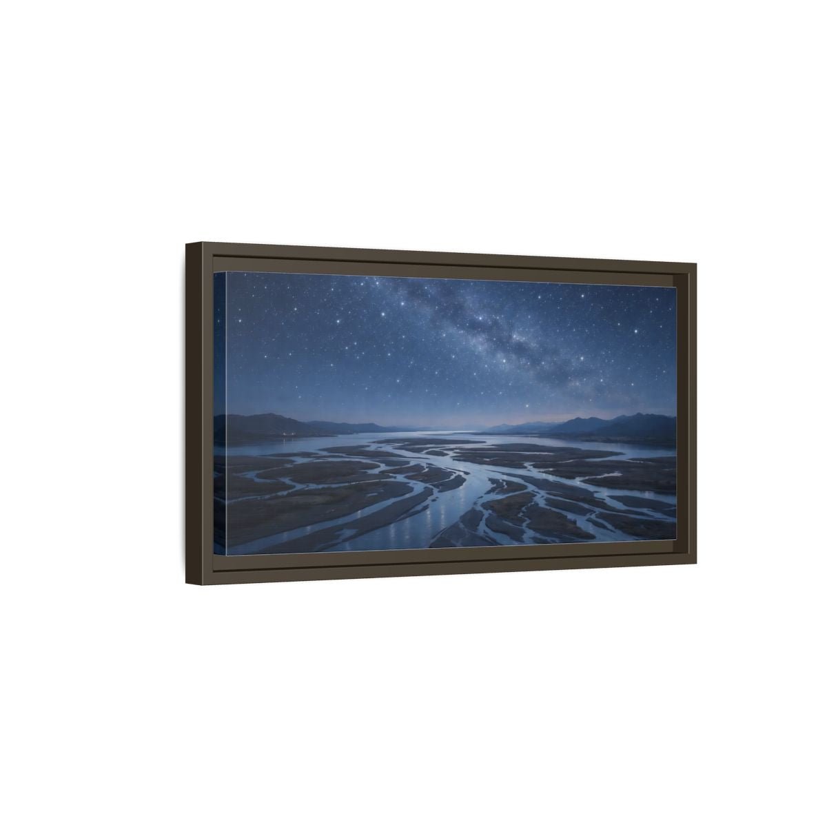 Landscape Nature Starry River Blue Night - Framed Canvas Wall Art Print - YesArtYes