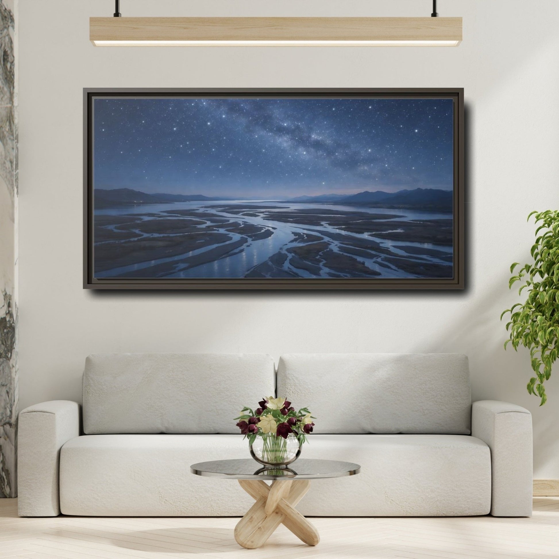 Landscape Nature Starry River Blue Night - Framed Canvas Wall Art Print - YesArtYes
