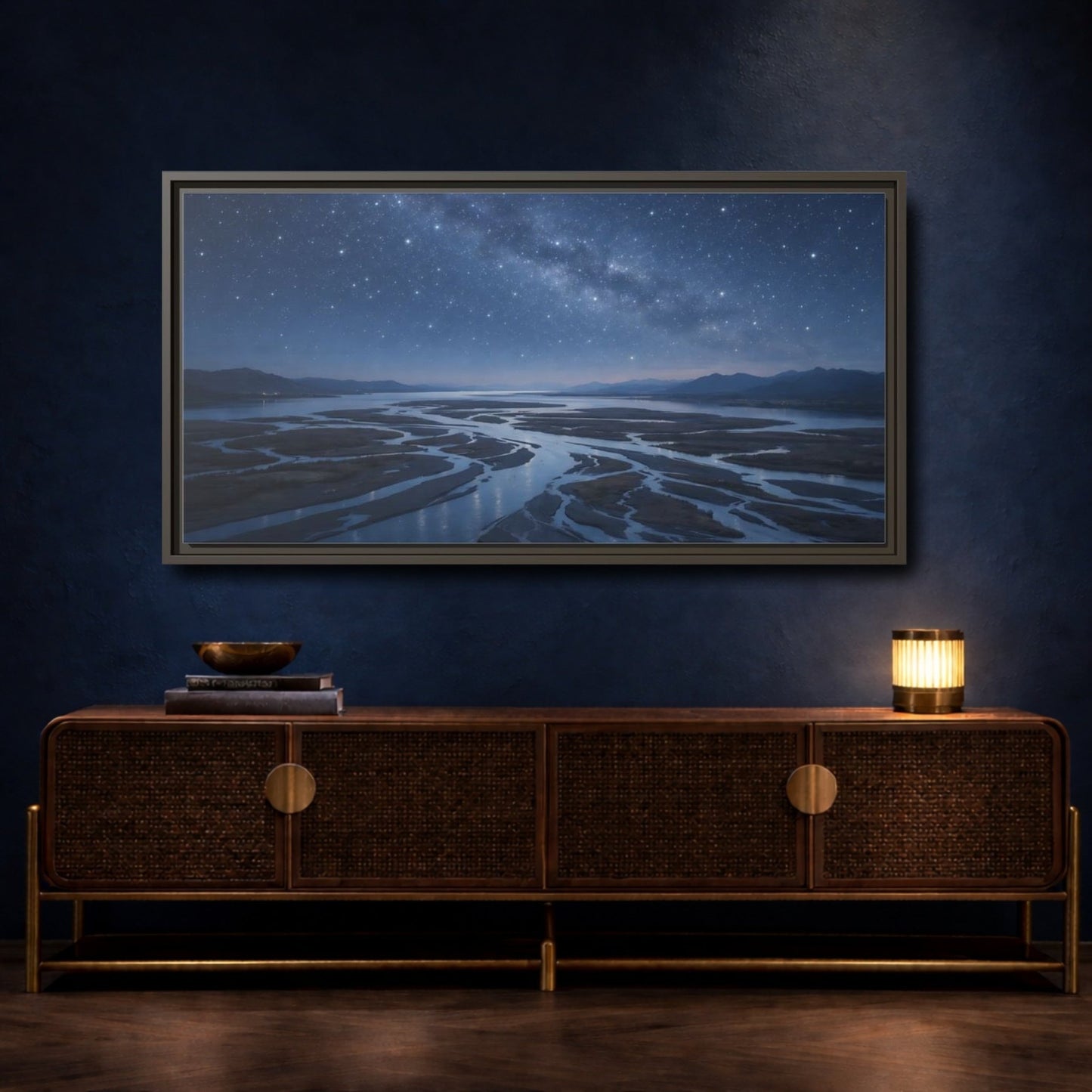 Landscape Nature Starry River Blue Night - Framed Canvas Wall Art Print - YesArtYes