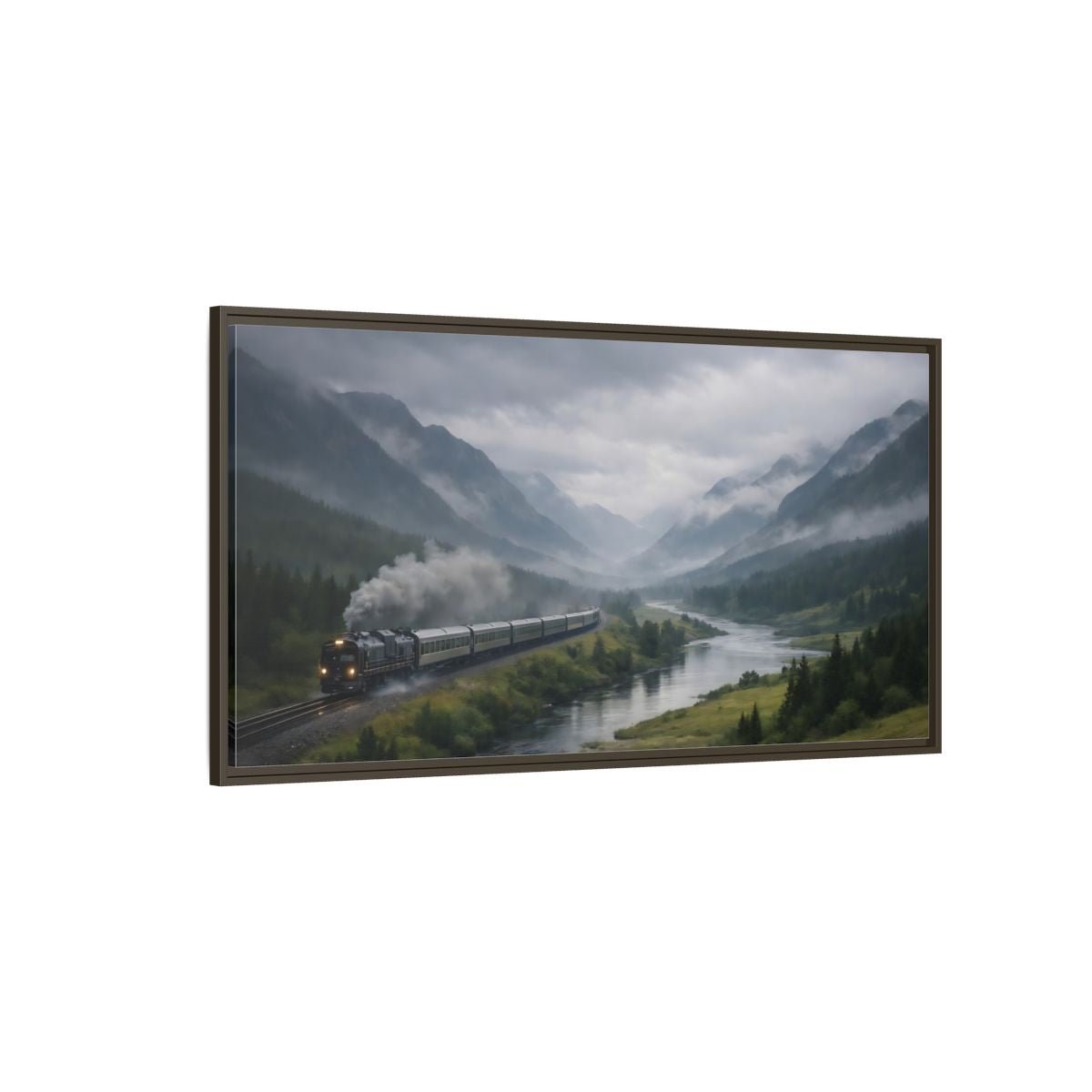 Landscape Nature Steam Train Green Gray - Framed Canvas Wall Art Print - YesArtYes