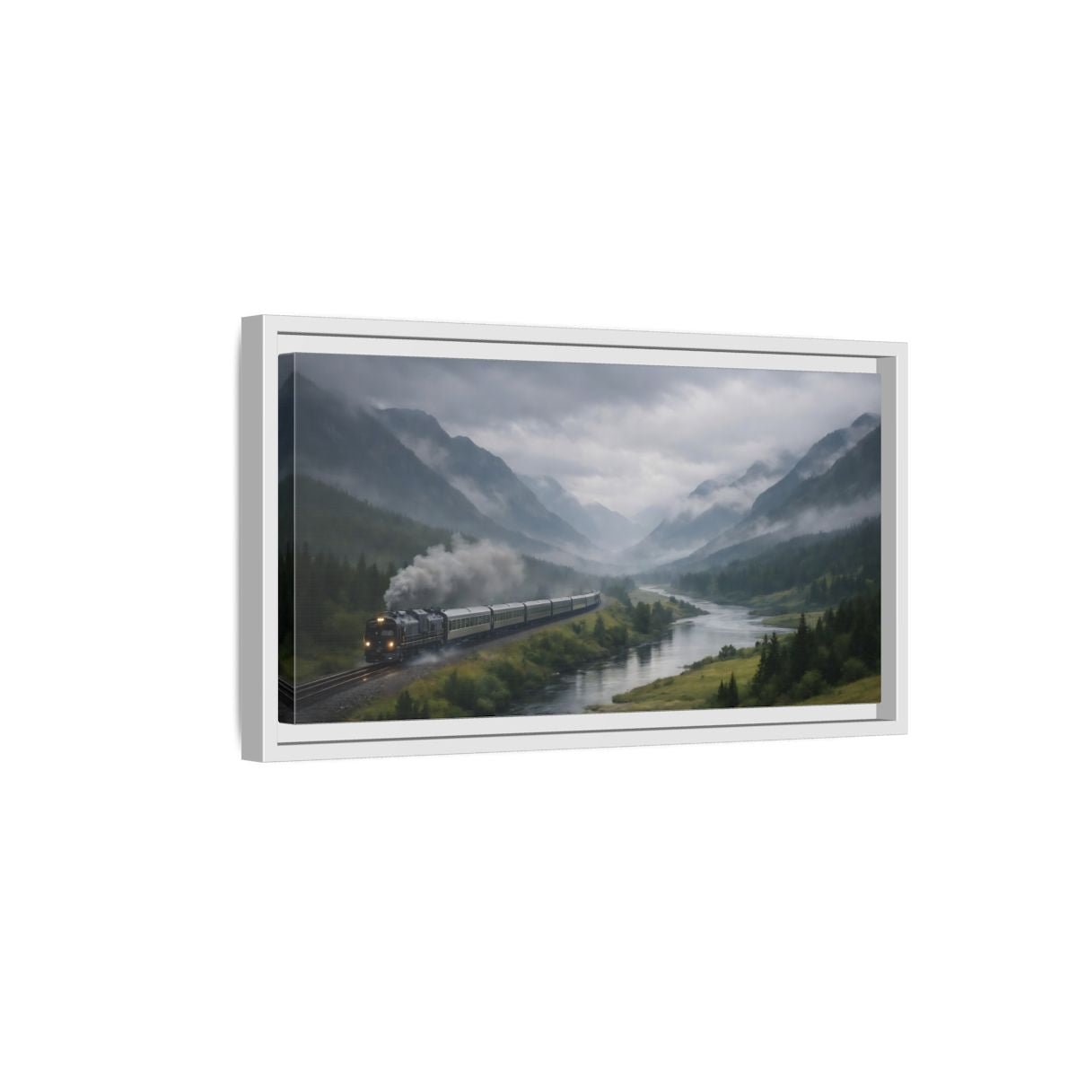Landscape Nature Steam Train Green Gray - Framed Canvas Wall Art Print - YesArtYes