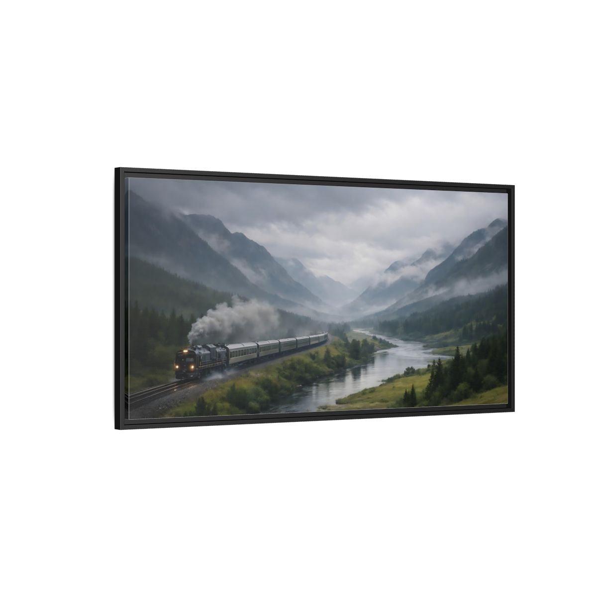 Landscape Nature Steam Train Green Gray - Framed Canvas Wall Art Print - YesArtYes