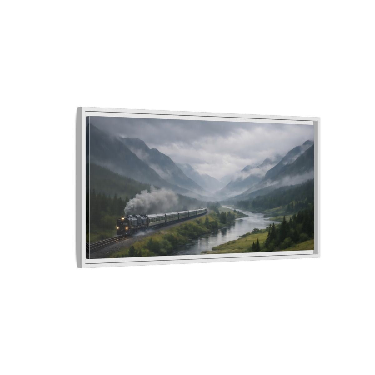 Landscape Nature Steam Train Green Gray - Framed Canvas Wall Art Print - YesArtYes