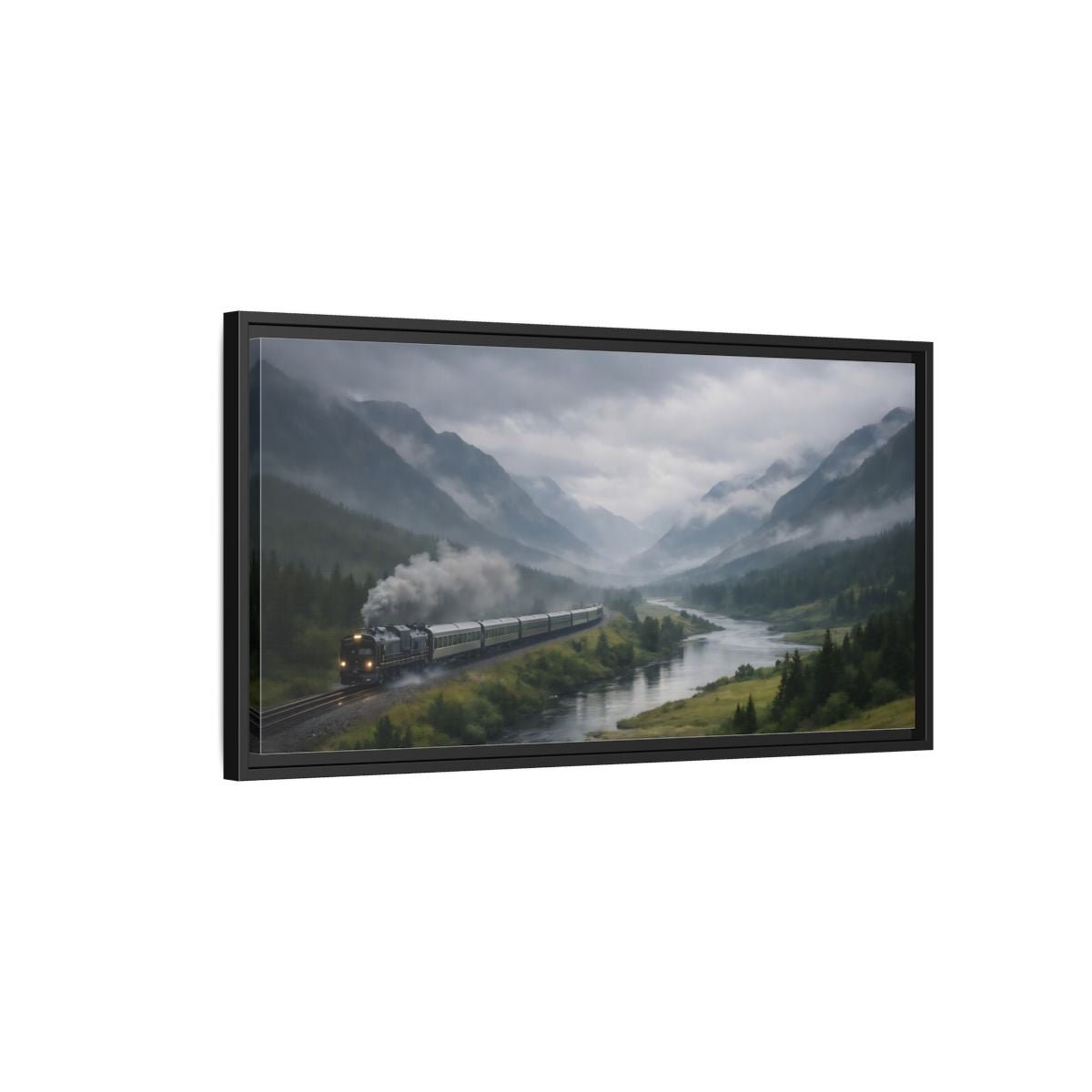 Landscape Nature Steam Train Green Gray - Framed Canvas Wall Art Print - YesArtYes