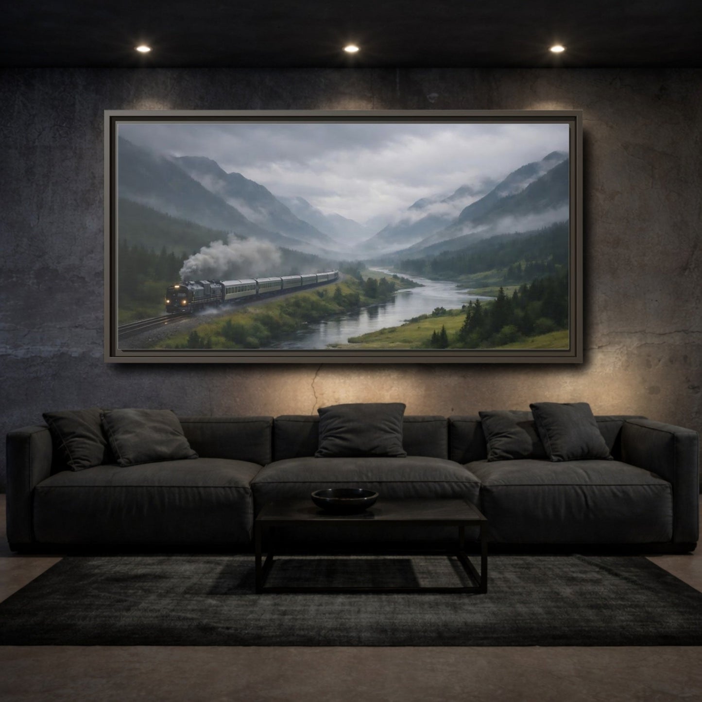 Landscape Nature Steam Train Green Gray - Framed Canvas Wall Art Print - YesArtYes