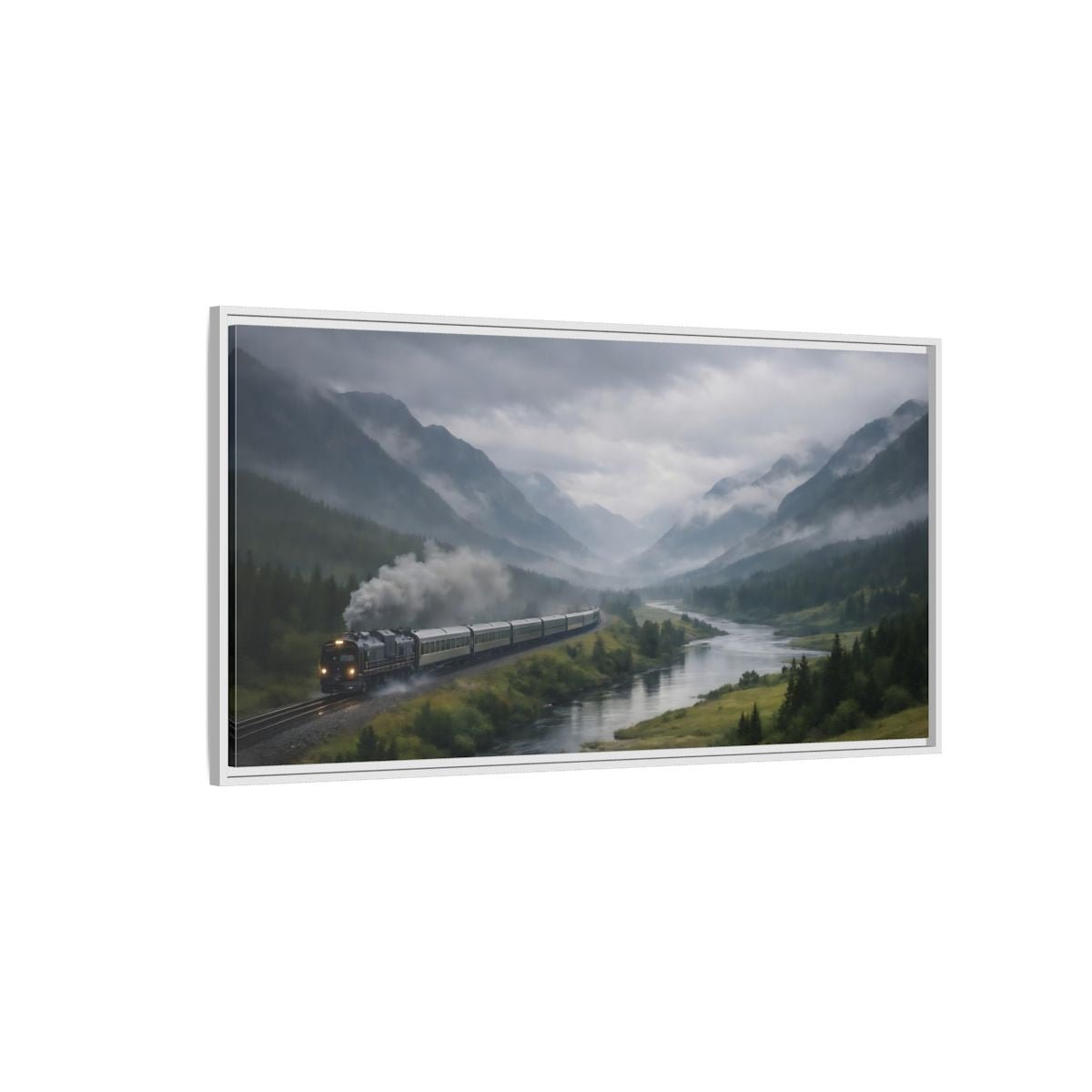Landscape Nature Steam Train Green Gray - Framed Canvas Wall Art Print - YesArtYes