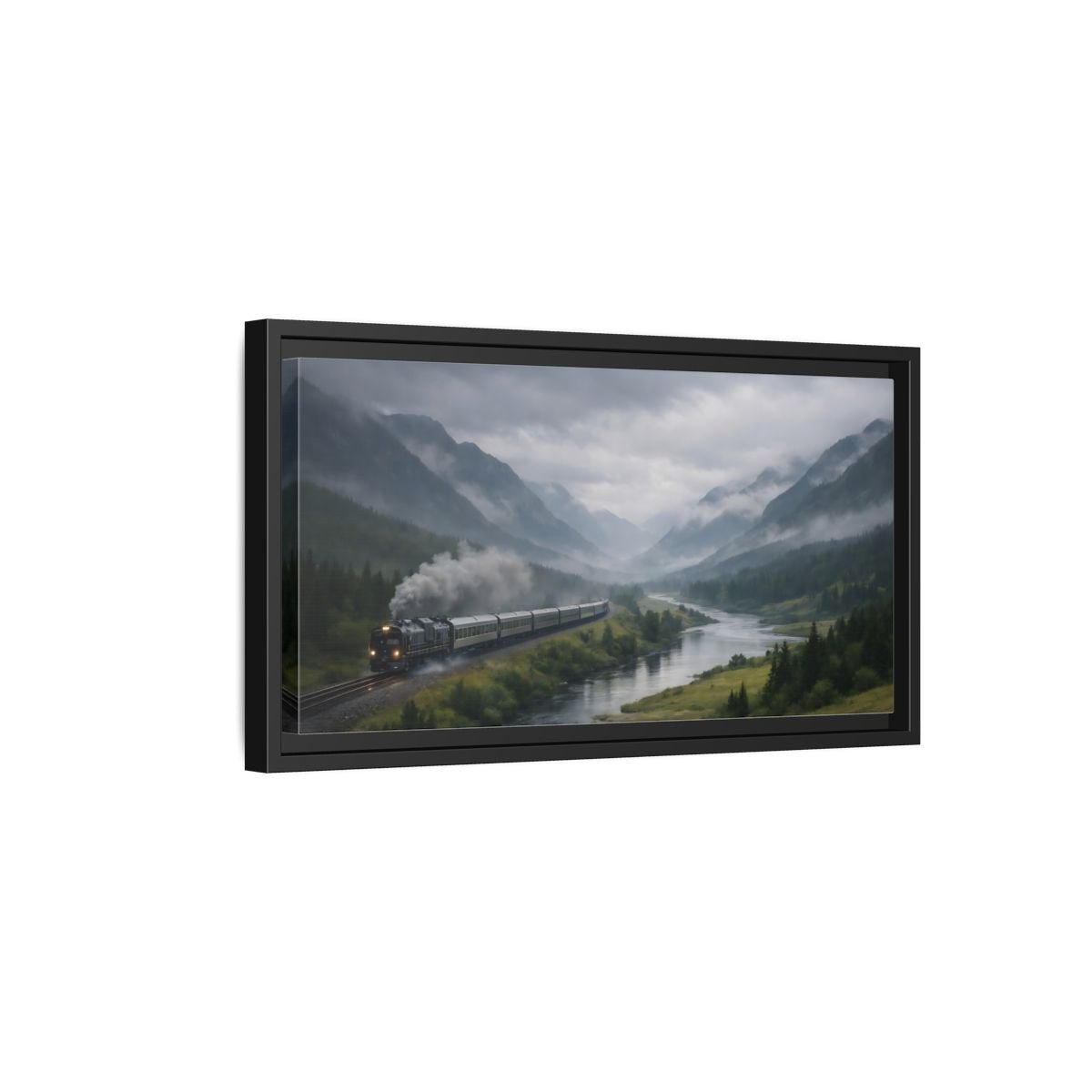 Landscape Nature Steam Train Green Gray - Framed Canvas Wall Art Print - YesArtYes