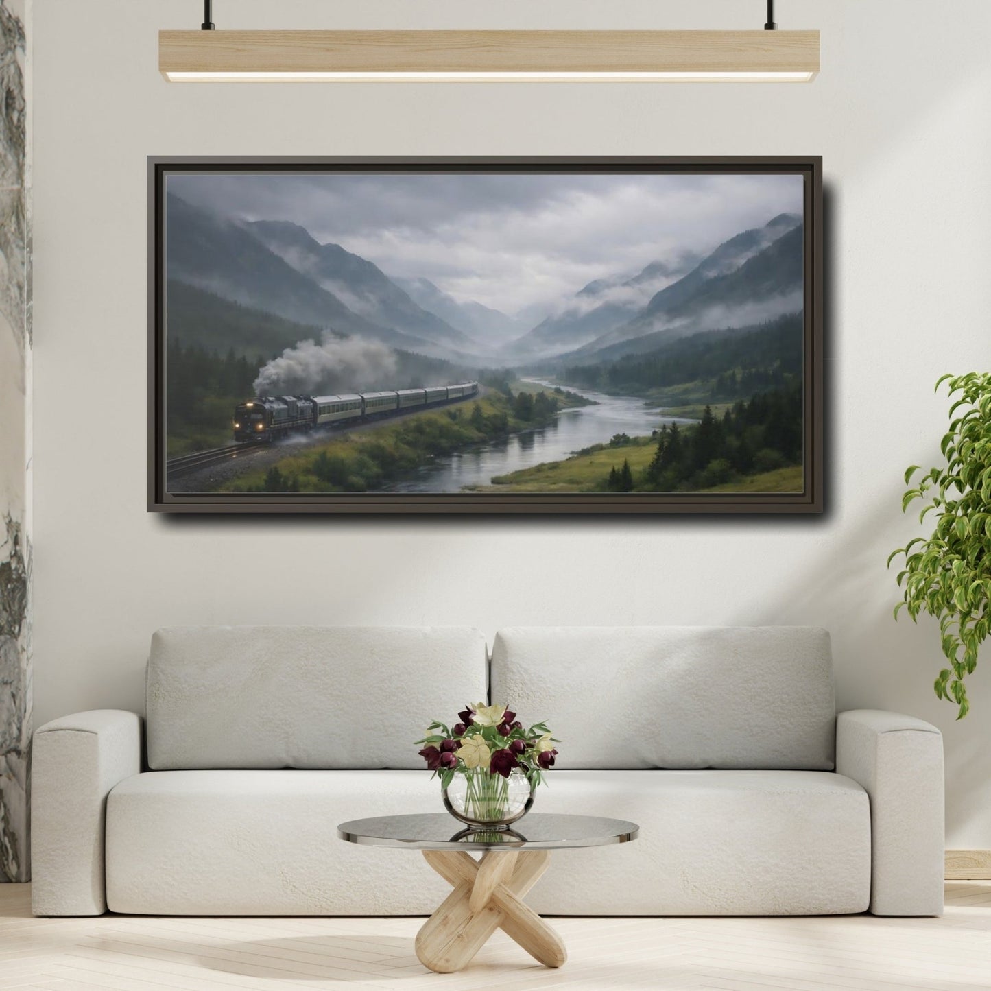 Landscape Nature Steam Train Green Gray - Framed Canvas Wall Art Print - YesArtYes