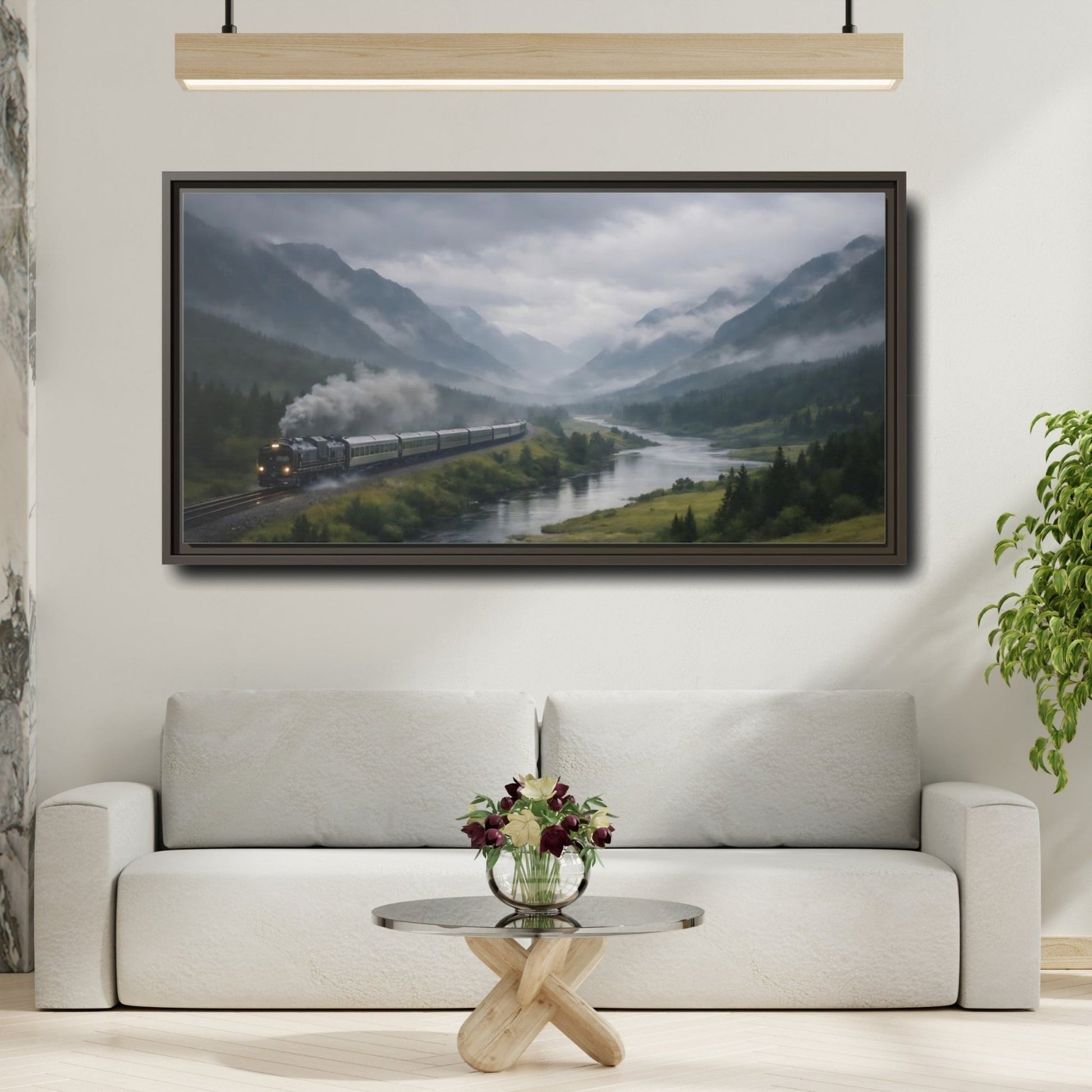 Landscape Nature Steam Train Green Gray - Framed Canvas Wall Art Print - YesArtYes