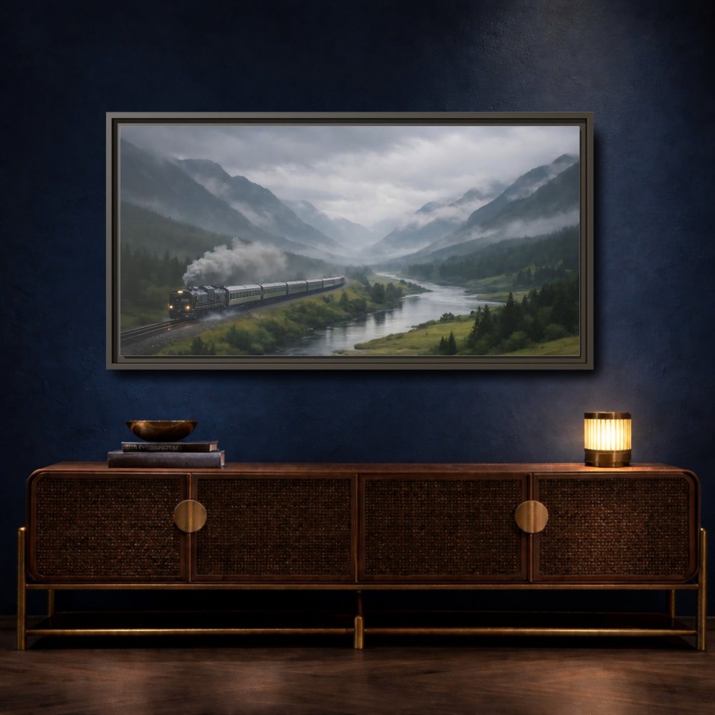 Landscape Nature Steam Train Green Gray - Framed Canvas Wall Art Print - YesArtYes