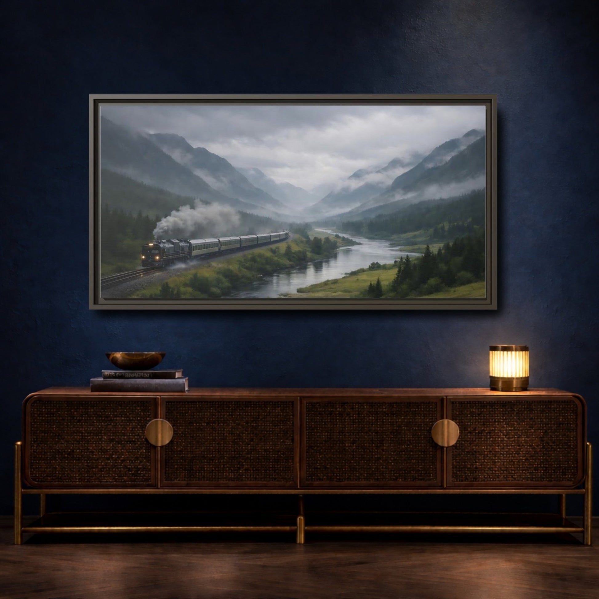 Landscape Nature Steam Train Green Gray - Framed Canvas Wall Art Print - YesArtYes