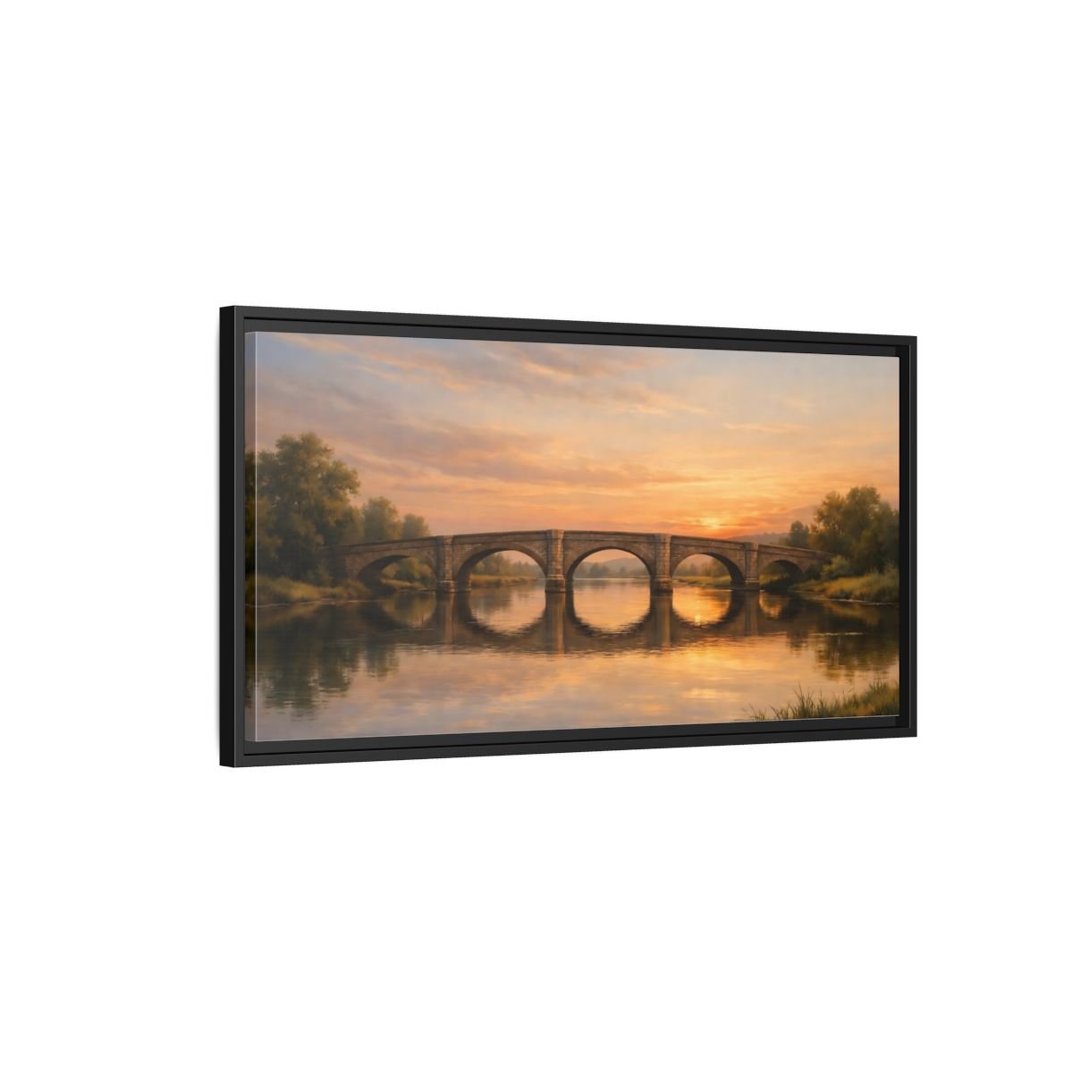 Landscape Nature Stone Bridge Golden Sunset - Framed Canvas Wall Art Print - YesArtYes