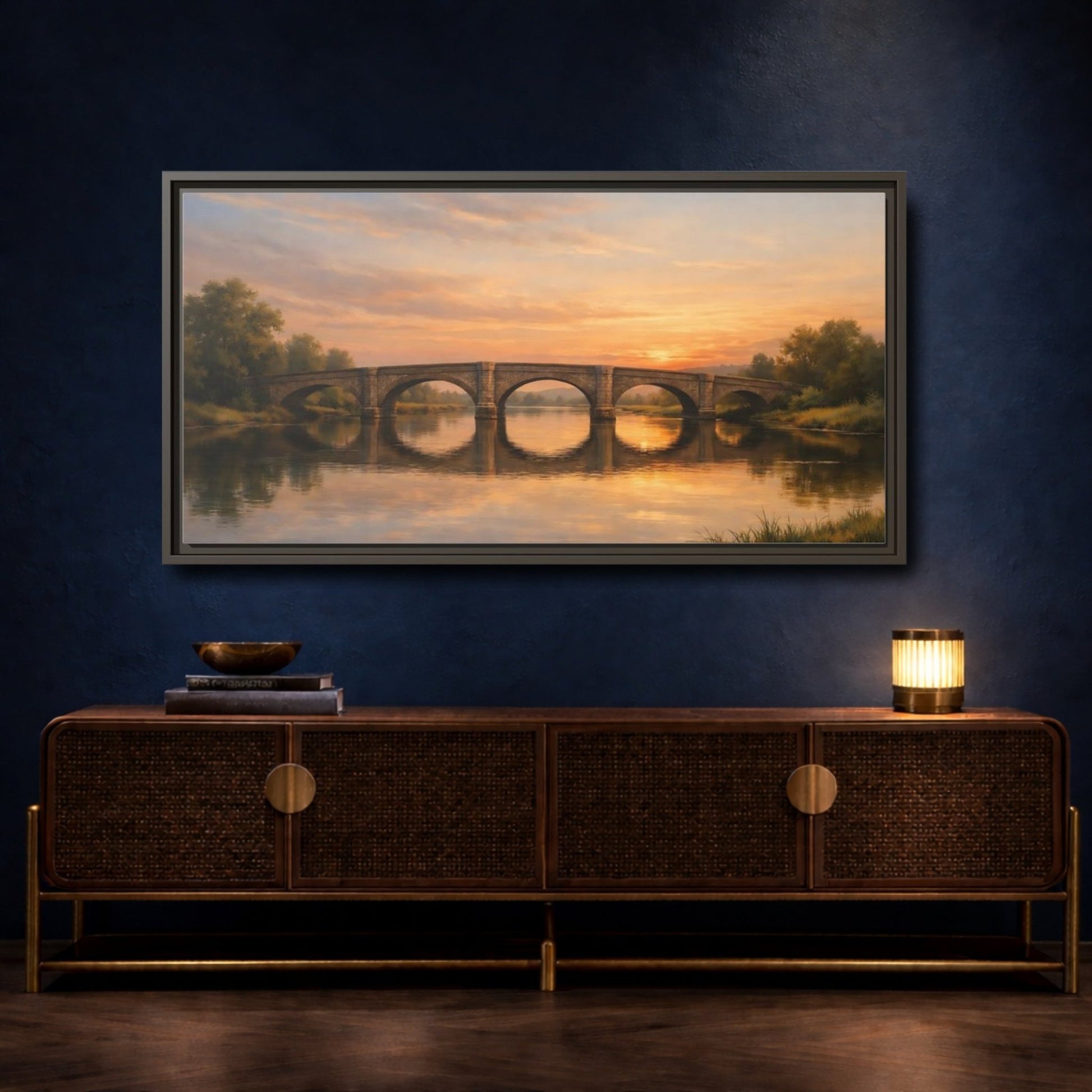 Landscape Nature Stone Bridge Golden Sunset - Framed Canvas Wall Art Print - YesArtYes