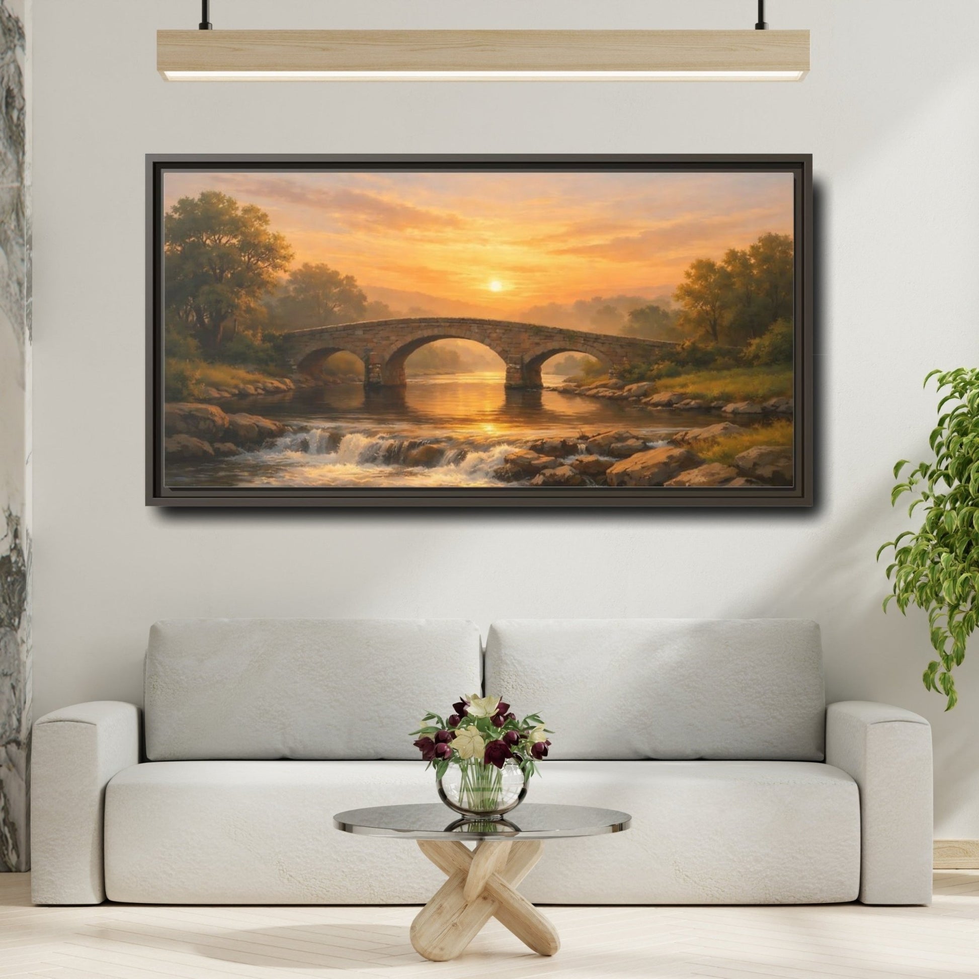 Landscape Nature Stone Bridge Golden Sunset - Framed Canvas Wall Art Print - YesArtYes