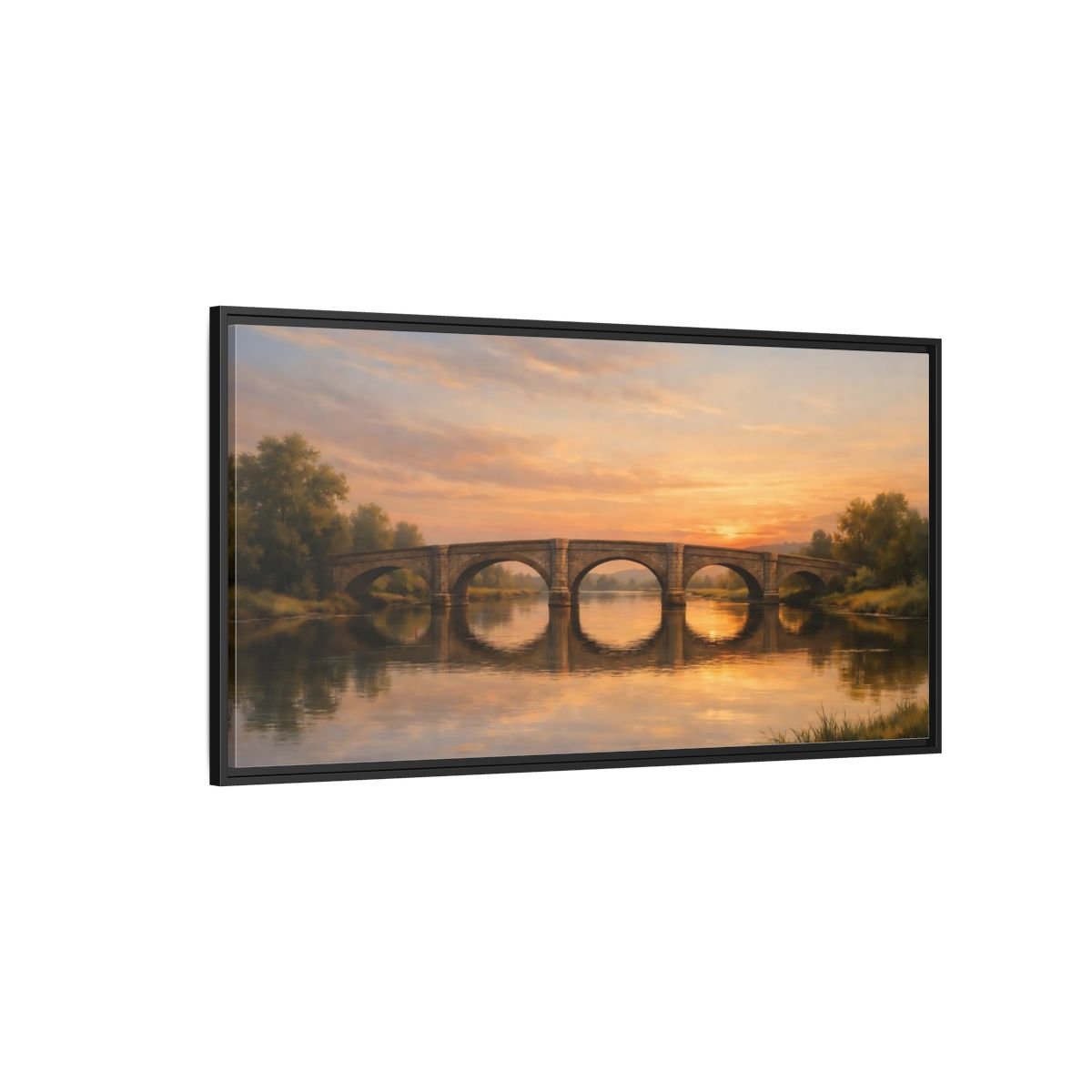 Landscape Nature Stone Bridge Golden Sunset - Framed Canvas Wall Art Print - YesArtYes