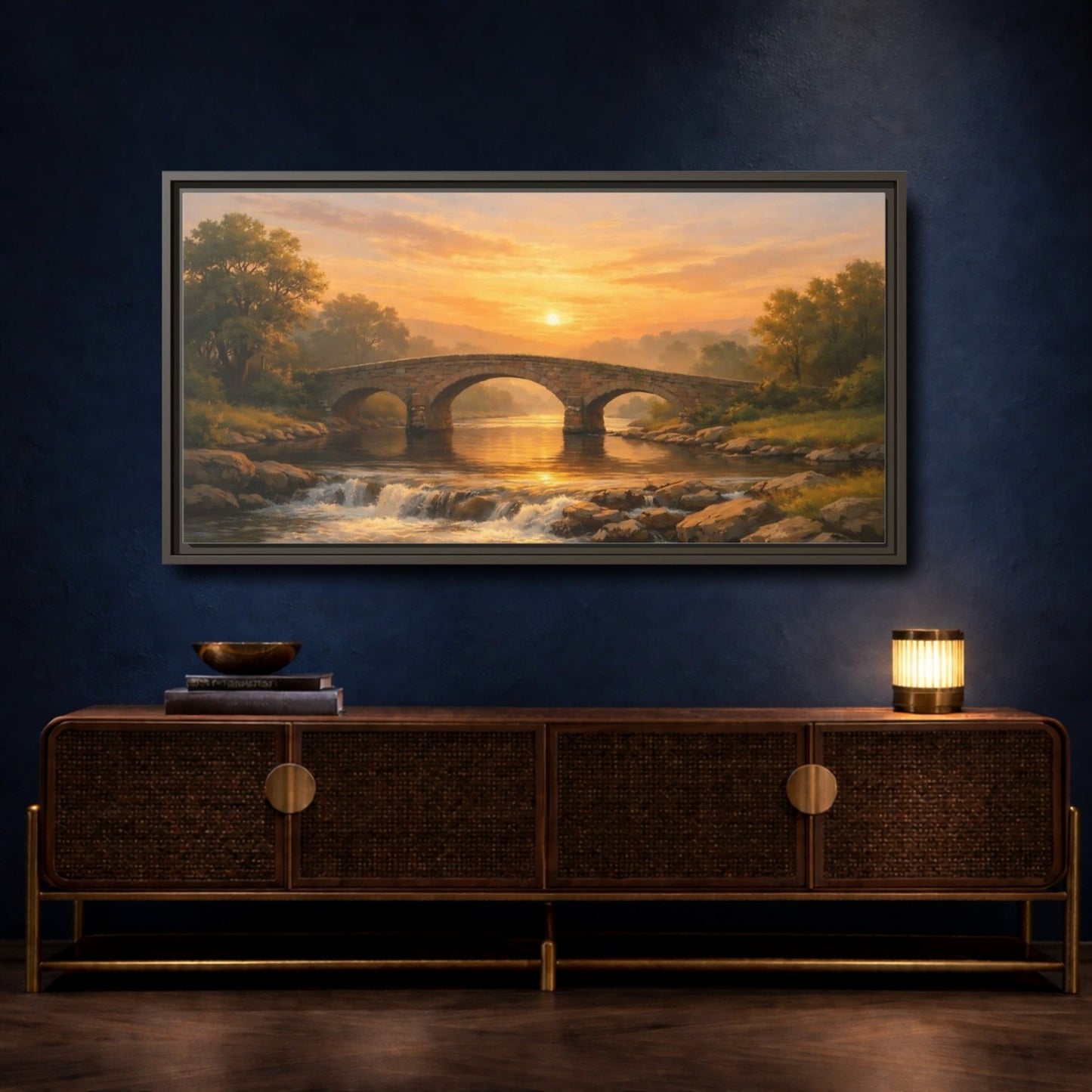 Landscape Nature Stone Bridge Golden Sunset - Framed Canvas Wall Art Print - YesArtYes