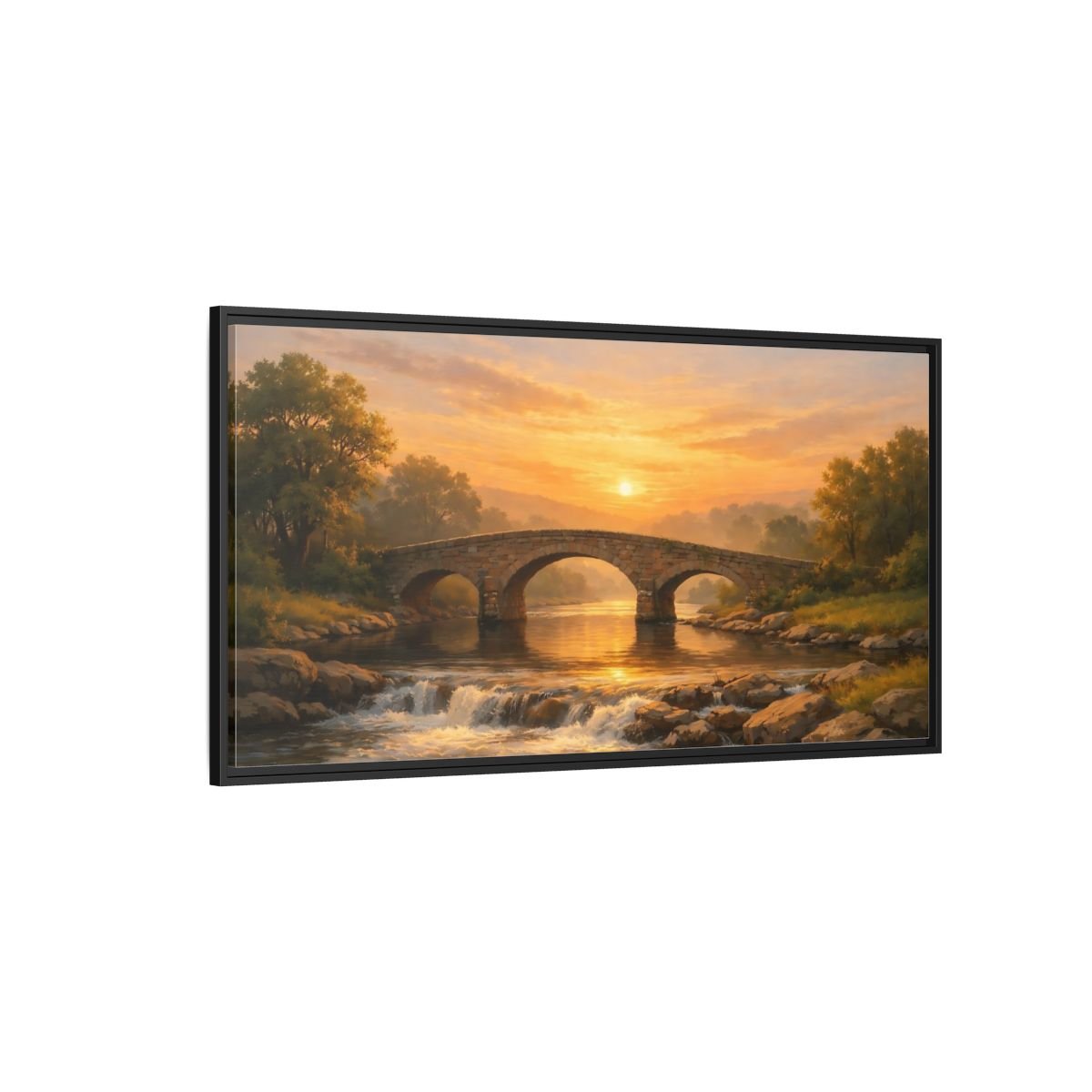 Landscape Nature Stone Bridge Golden Sunset - Framed Canvas Wall Art Print - YesArtYes