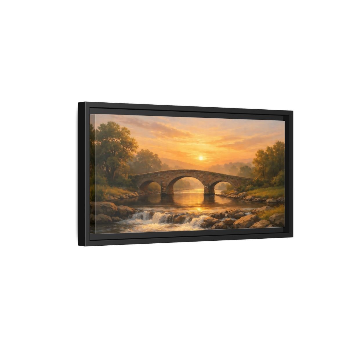 Landscape Nature Stone Bridge Golden Sunset - Framed Canvas Wall Art Print - YesArtYes